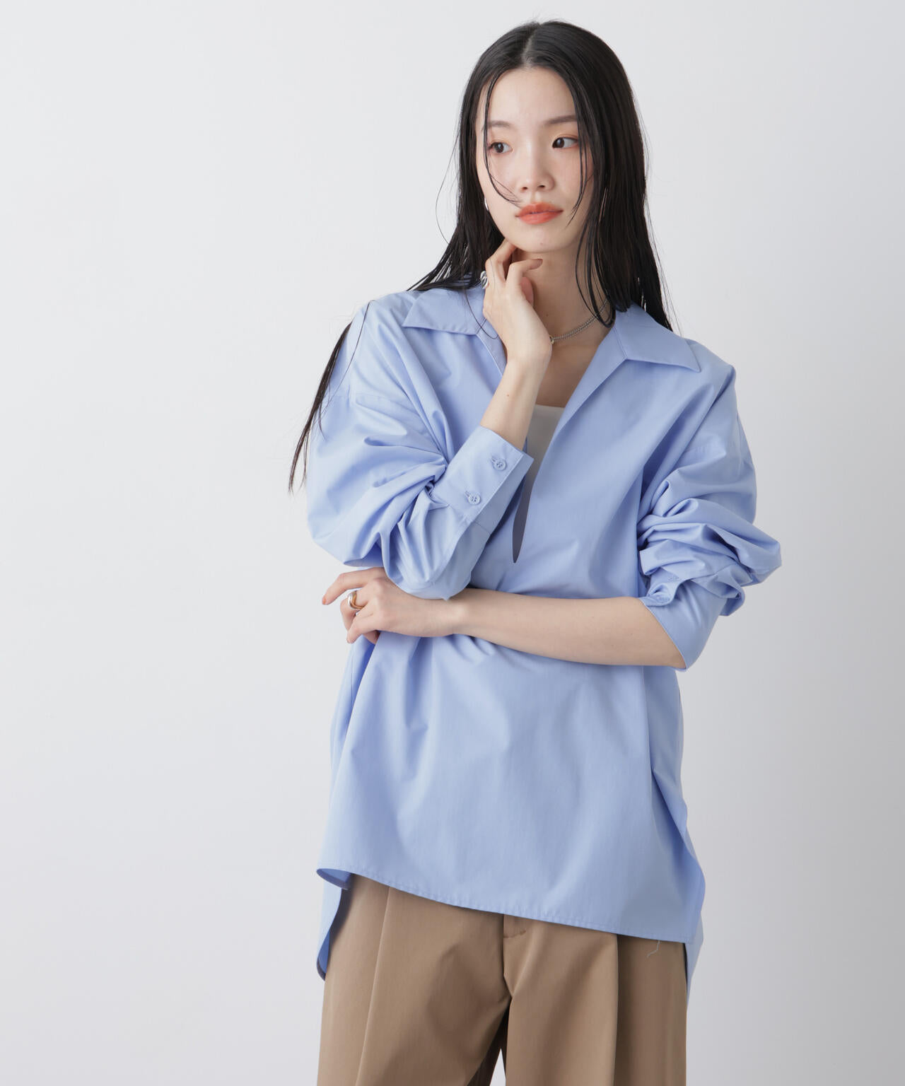 【ペッパーミント様】SUGAR 半袖シャツ L ダークブルー ディープV スキッパー プルオーバー シャツ