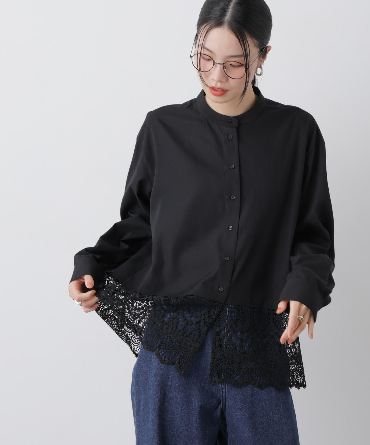 スカラレースコンビスタンドカラーシャツ