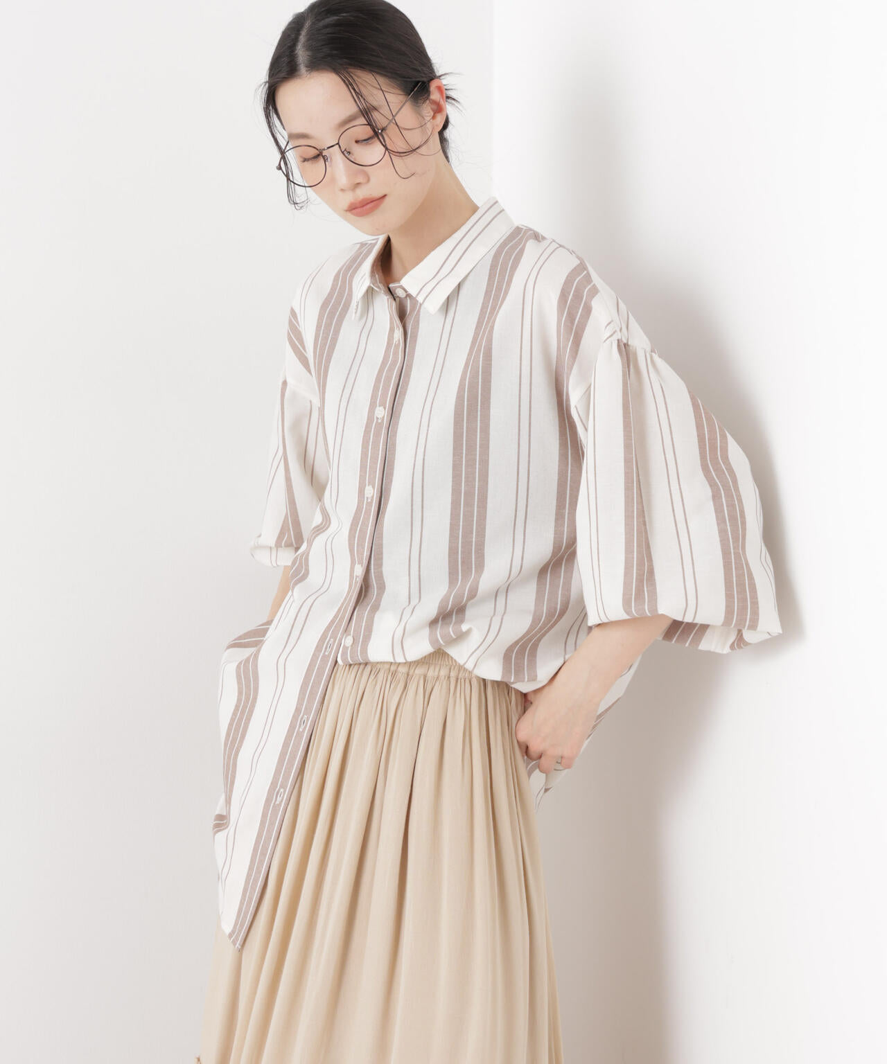 マシンウォッシャブルリネン混 ボリュームスリーブシャツ 6736120315