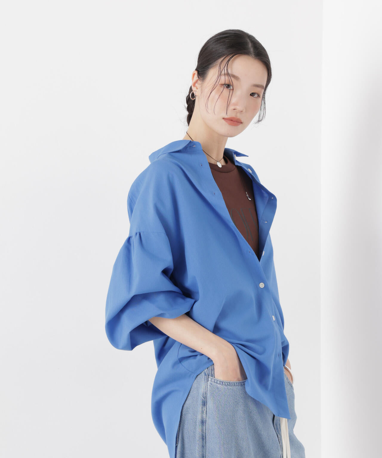 マシンウォッシャブルリネン混 ボリュームスリーブシャツ 6736120315