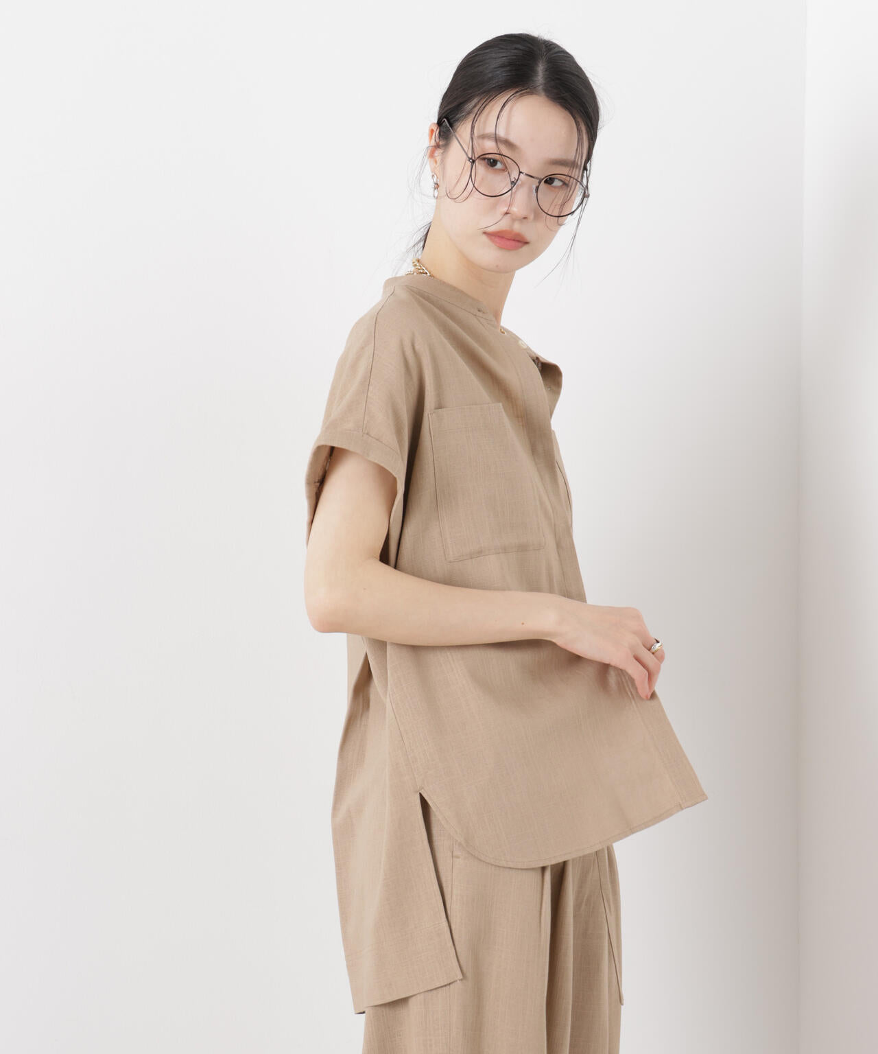 多機能リネン混スタンドカラードルマンフレンチスリーブシャツ(セットアップ可) 6736121304