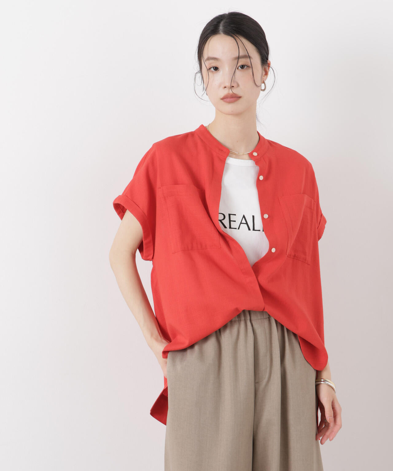 多機能リネン混スタンドカラードルマンフレンチスリーブシャツ(セットアップ可) 6736121304