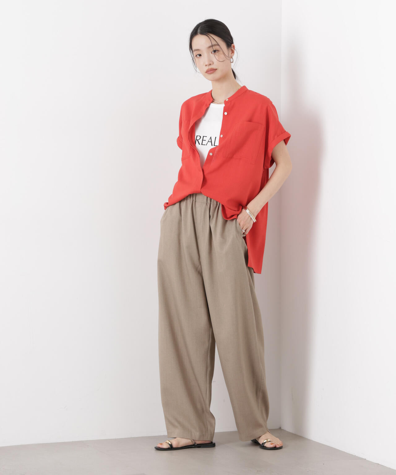 多機能リネン混スタンドカラードルマンフレンチスリーブシャツ(セットアップ可) 6736121304