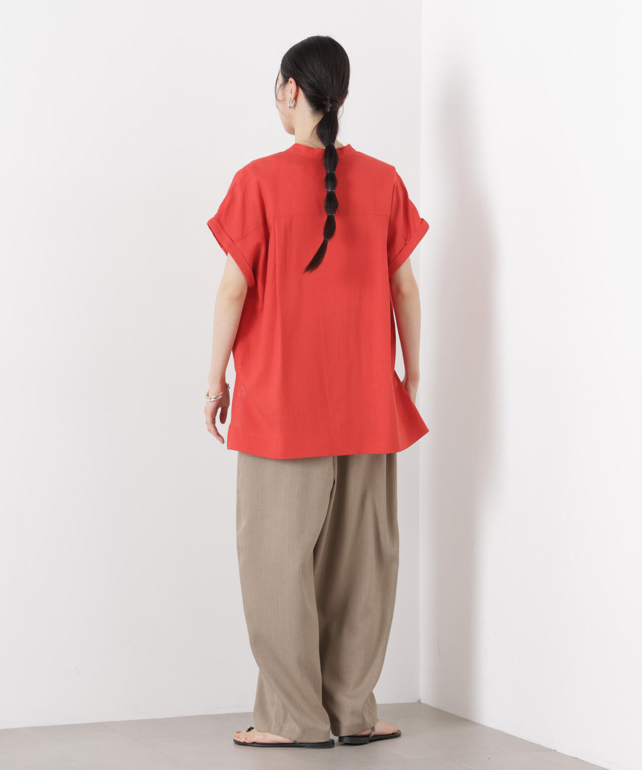 多機能リネン混スタンドカラードルマンフレンチスリーブシャツ(セットアップ可) 6736121304