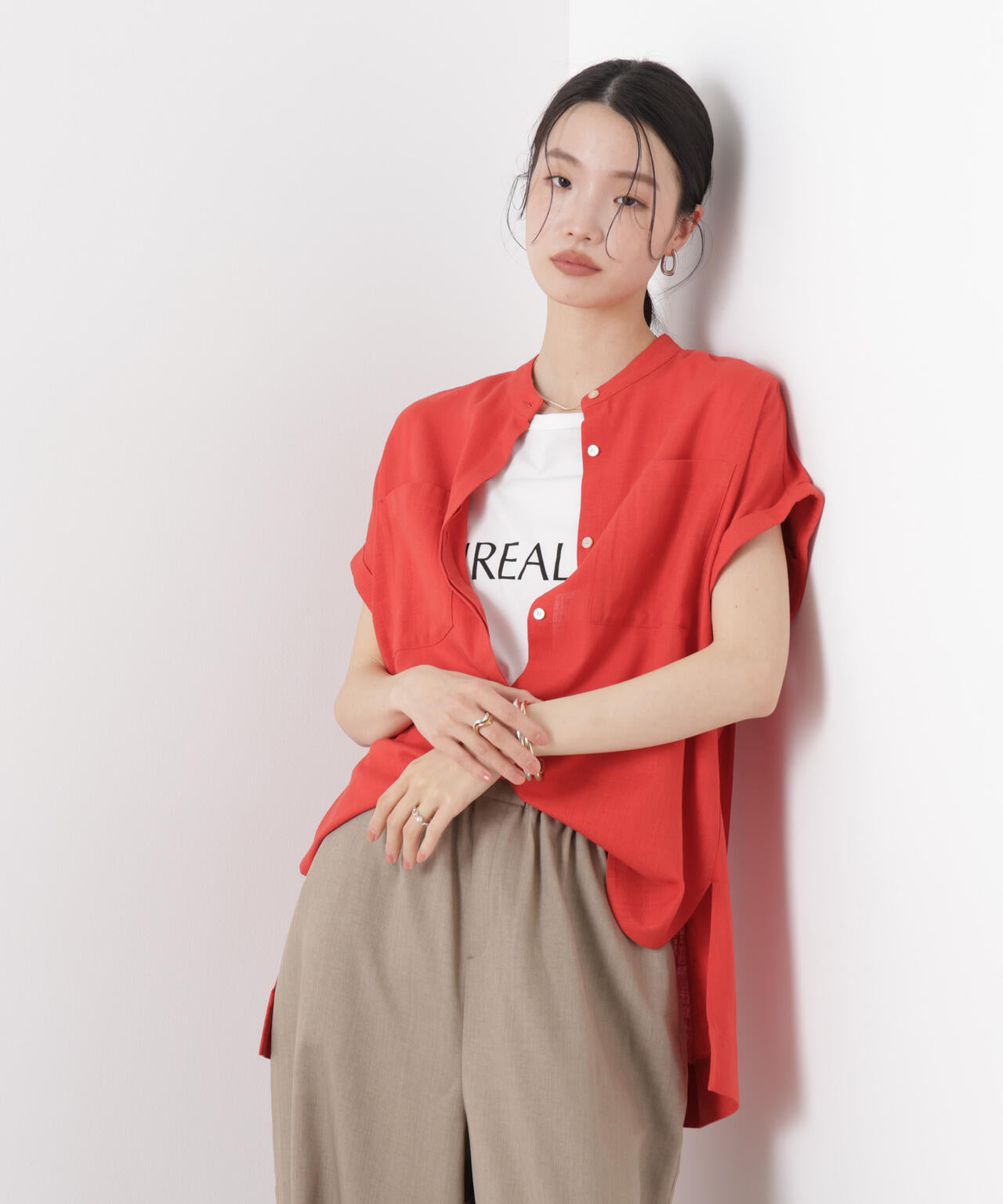 多機能リネン混スタンドカラードルマンフレンチスリーブシャツ(セットアップ可) 6736121304