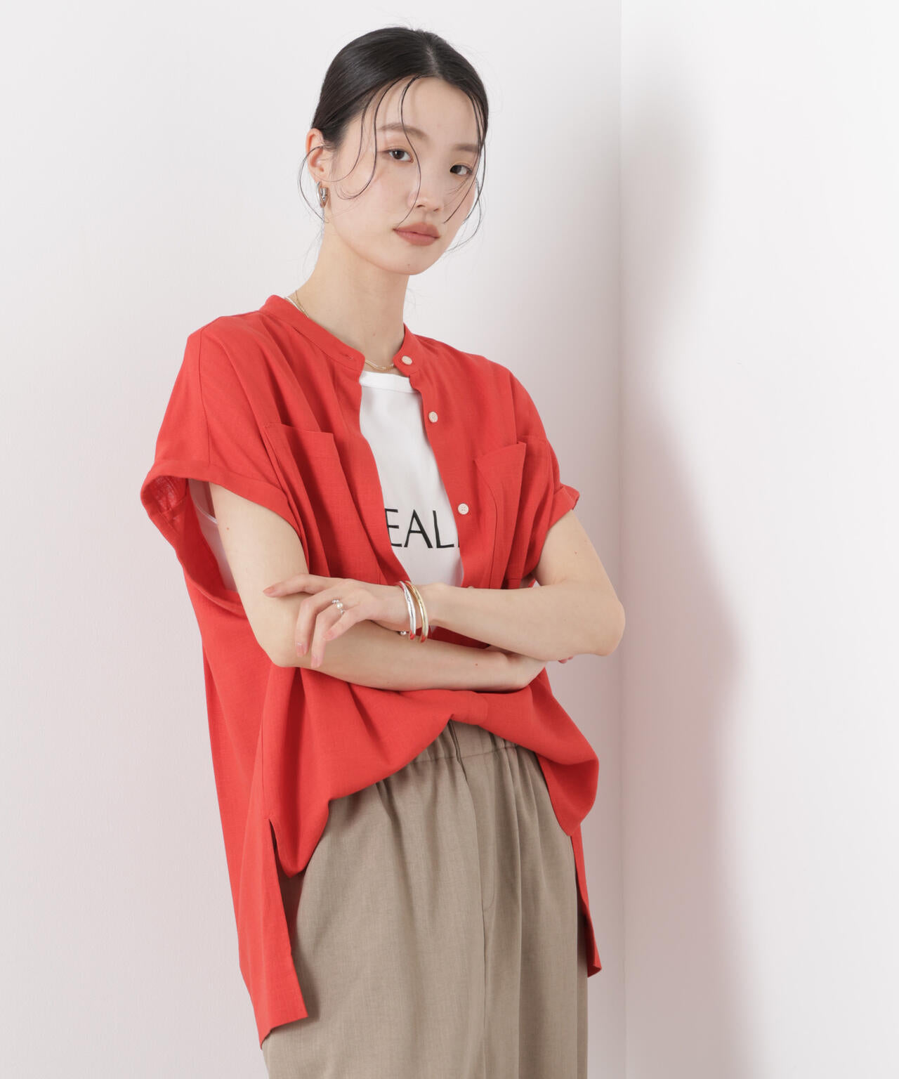 ENA TRADITIONAL WEATHERWEAR ドルマンショートスリーブ 多機能 リネン 混 スタンドカラー ドルマン フレンチスリーブ シャツ