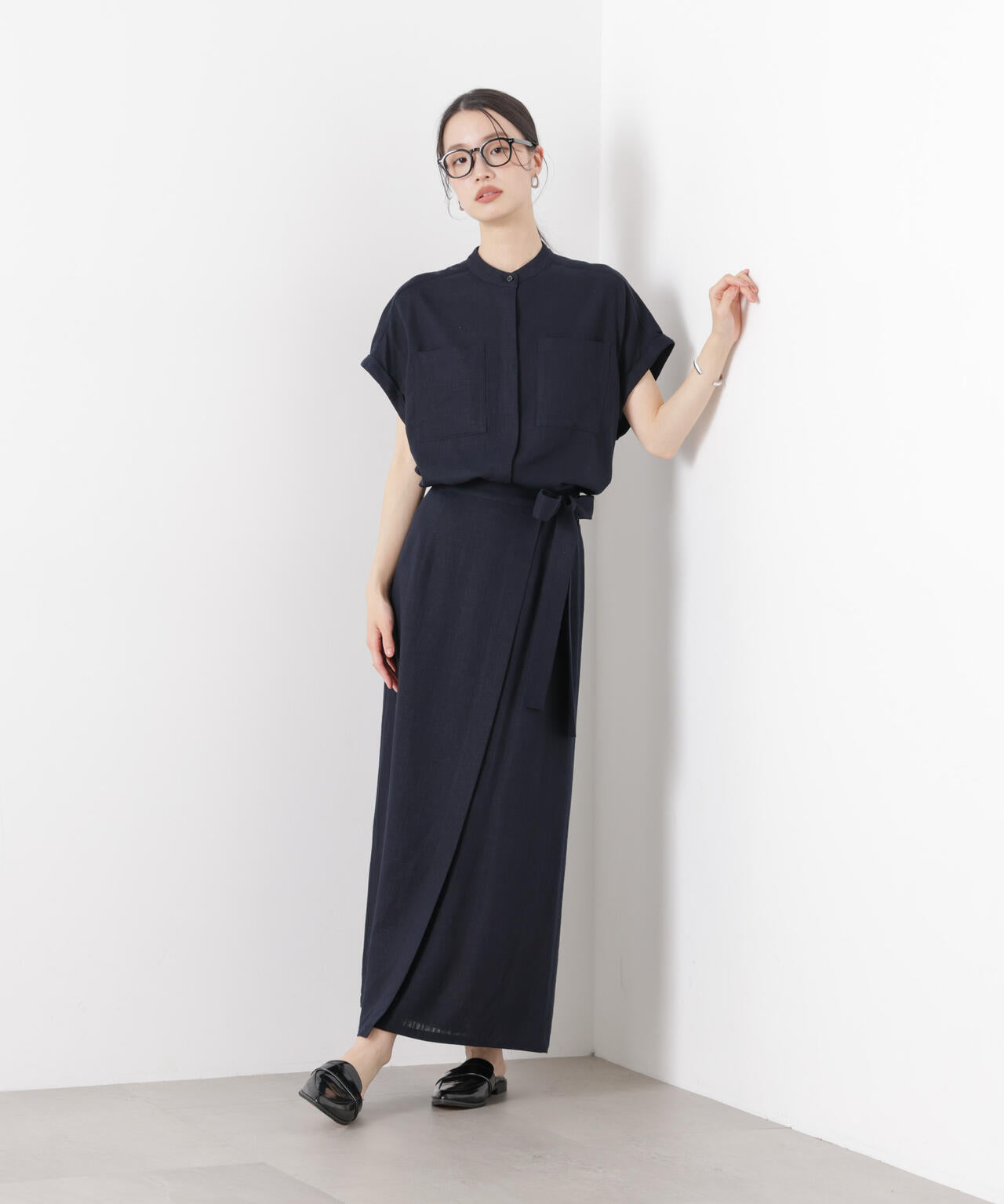 多機能リネン混スタンドカラードルマンフレンチスリーブシャツ(セットアップ可) 6736121304