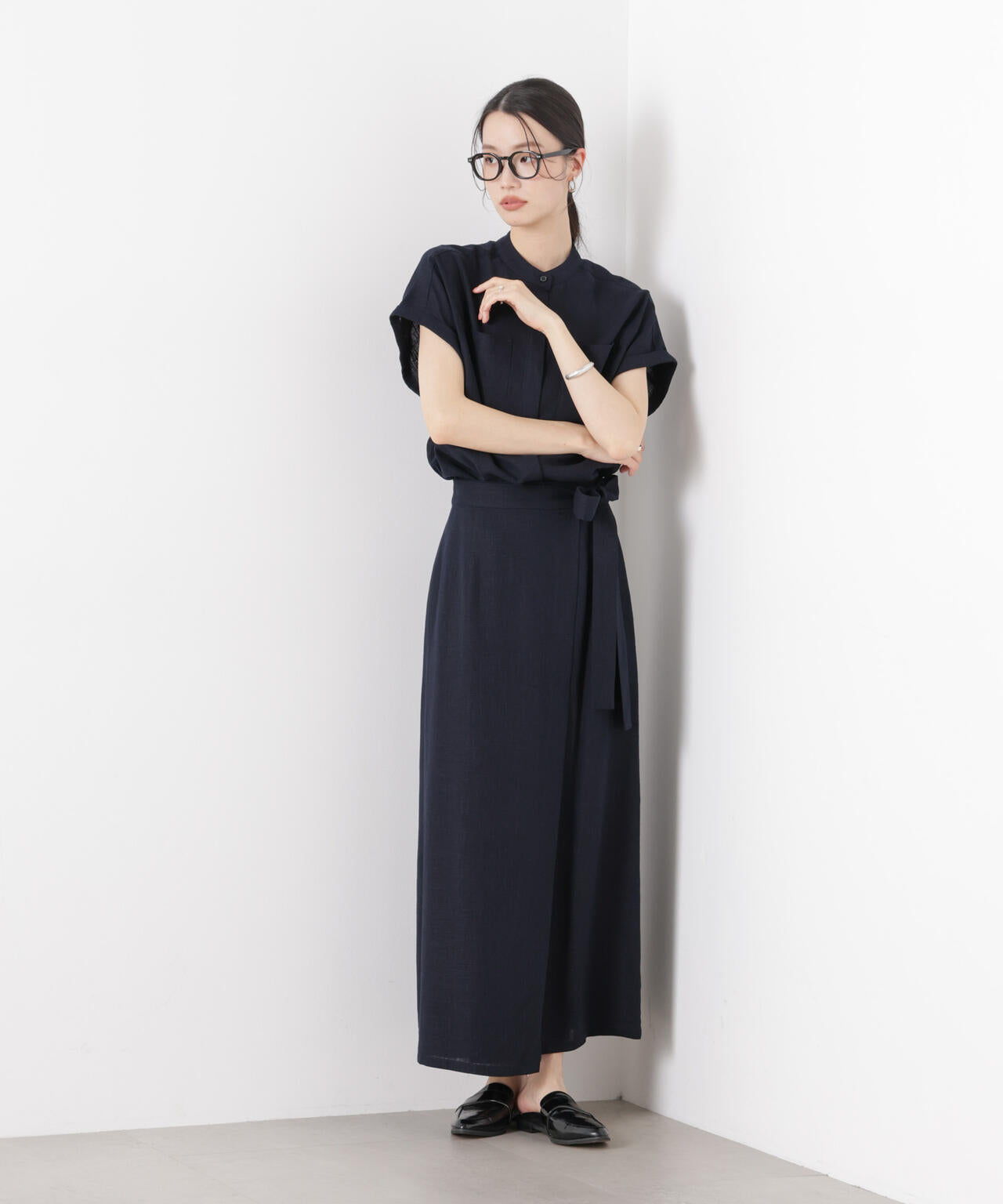 多機能リネン混スタンドカラードルマンフレンチスリーブシャツ(セットアップ可) 6736121304