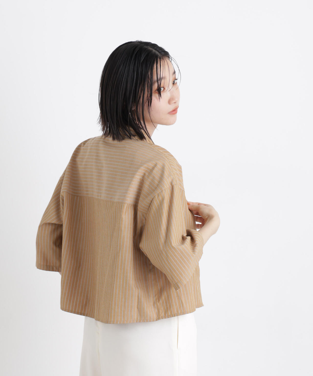 ドビーストライプクロップド半袖シャツ(セットアップ可) 6736121306