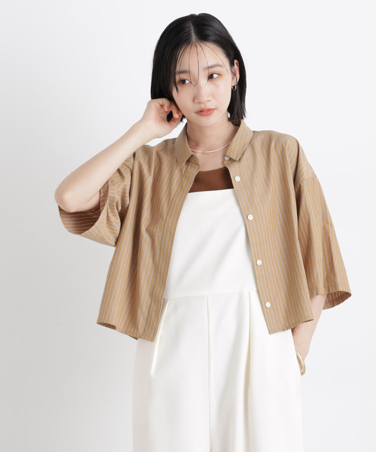 ドビーストライプクロップド半袖シャツ(セットアップ可) 6736121306