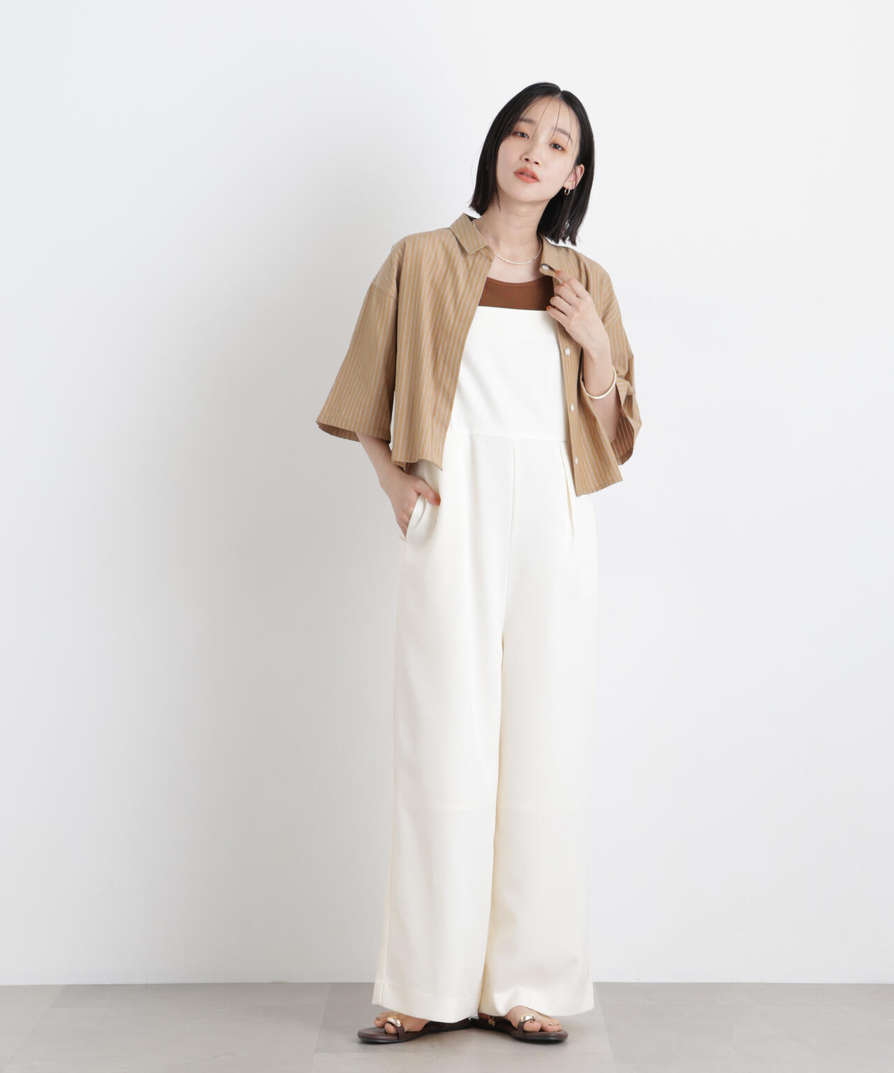 ドビーストライプクロップド半袖シャツ(セットアップ可) 6736121306