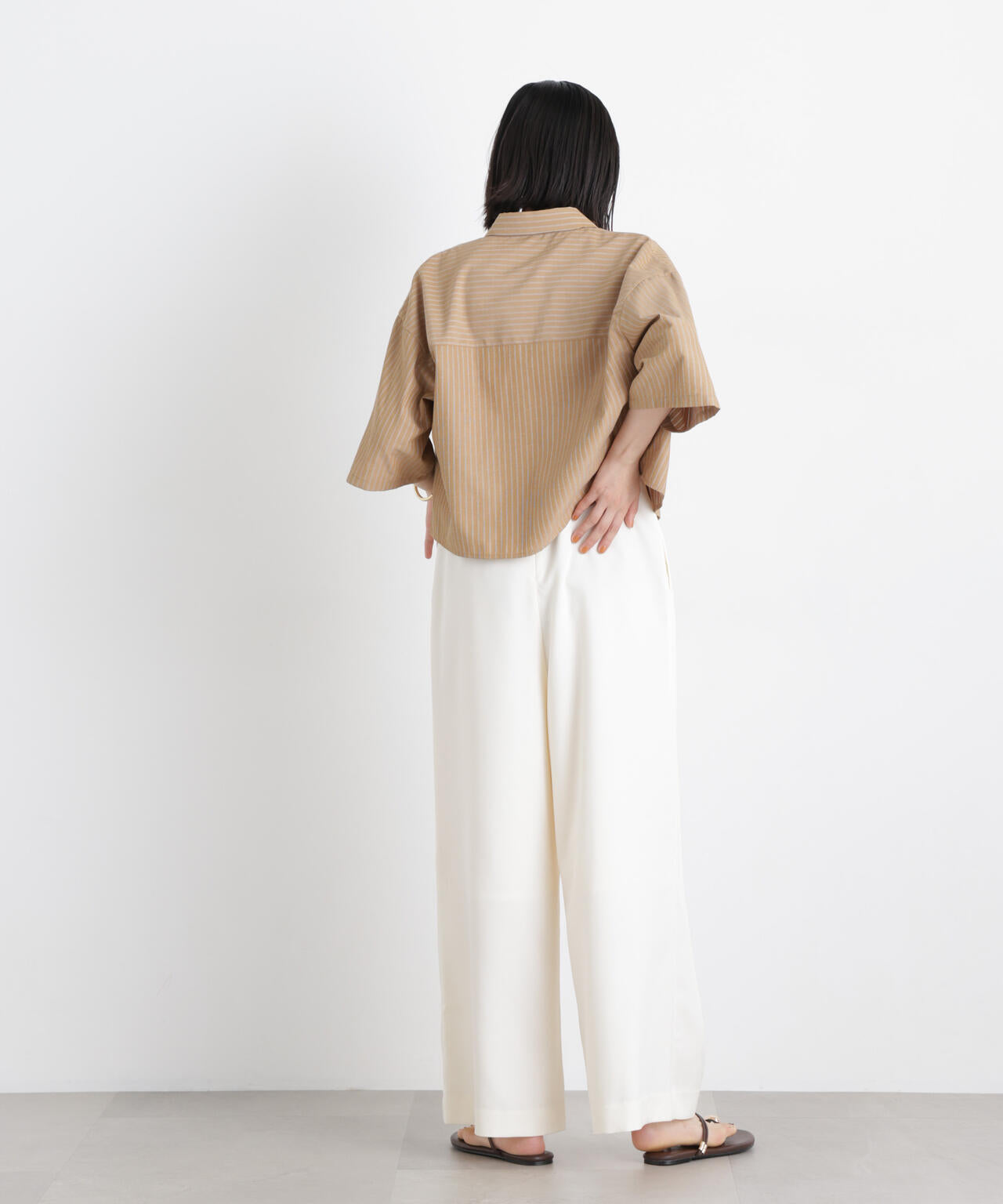 ドビーストライプクロップド半袖シャツ(セットアップ可) 6736121306