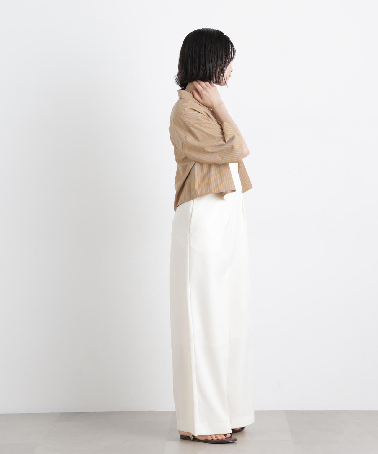 ドビーストライプクロップド半袖シャツ(セットアップ可) 6736121306