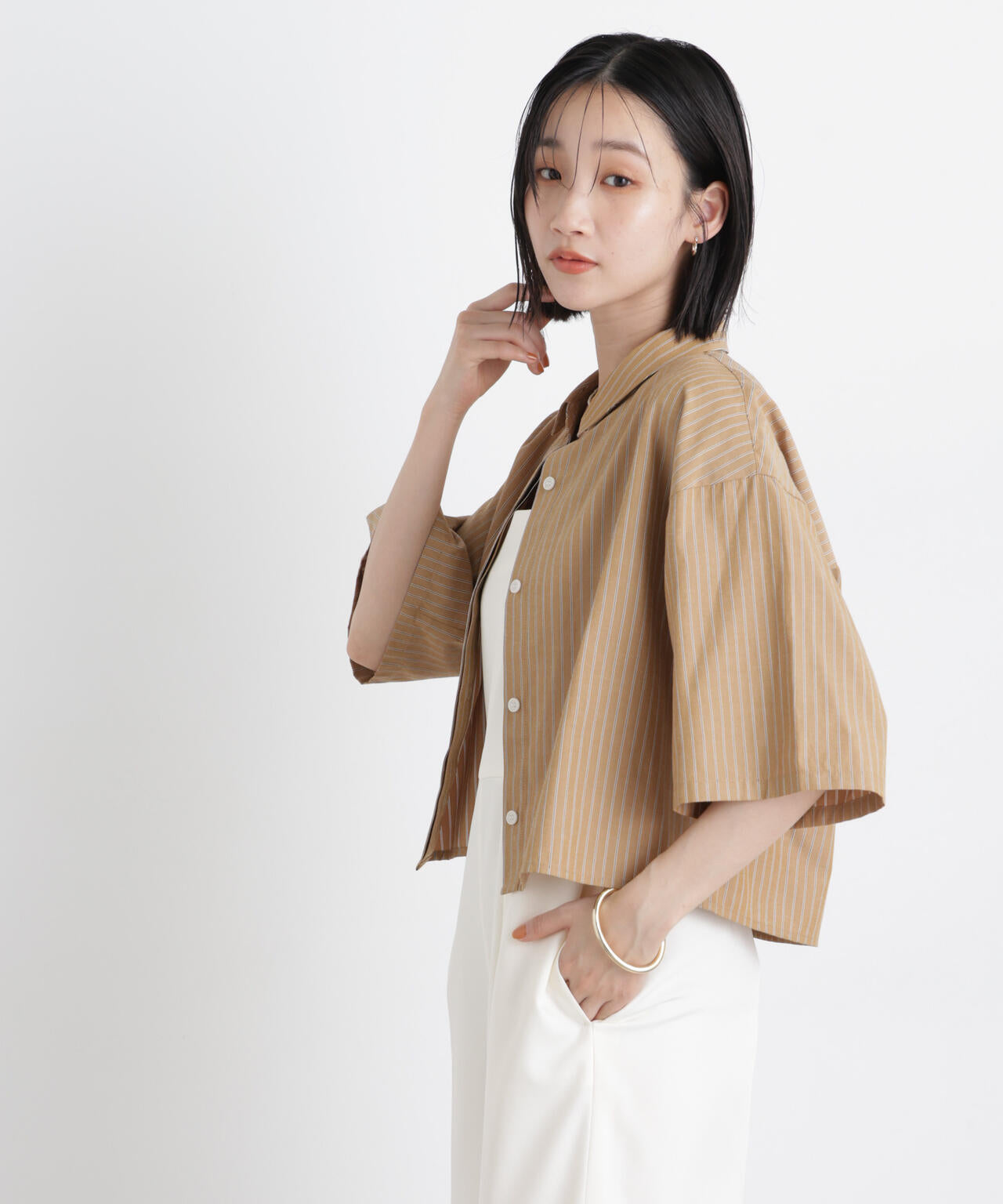 ドビーストライプクロップド半袖シャツ(セットアップ可) 6736121306