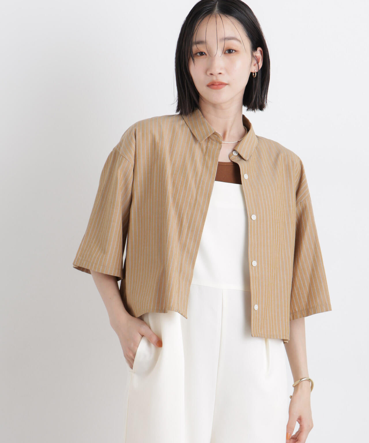 ドビーストライプクロップド半袖シャツ(セットアップ可) 6736121306