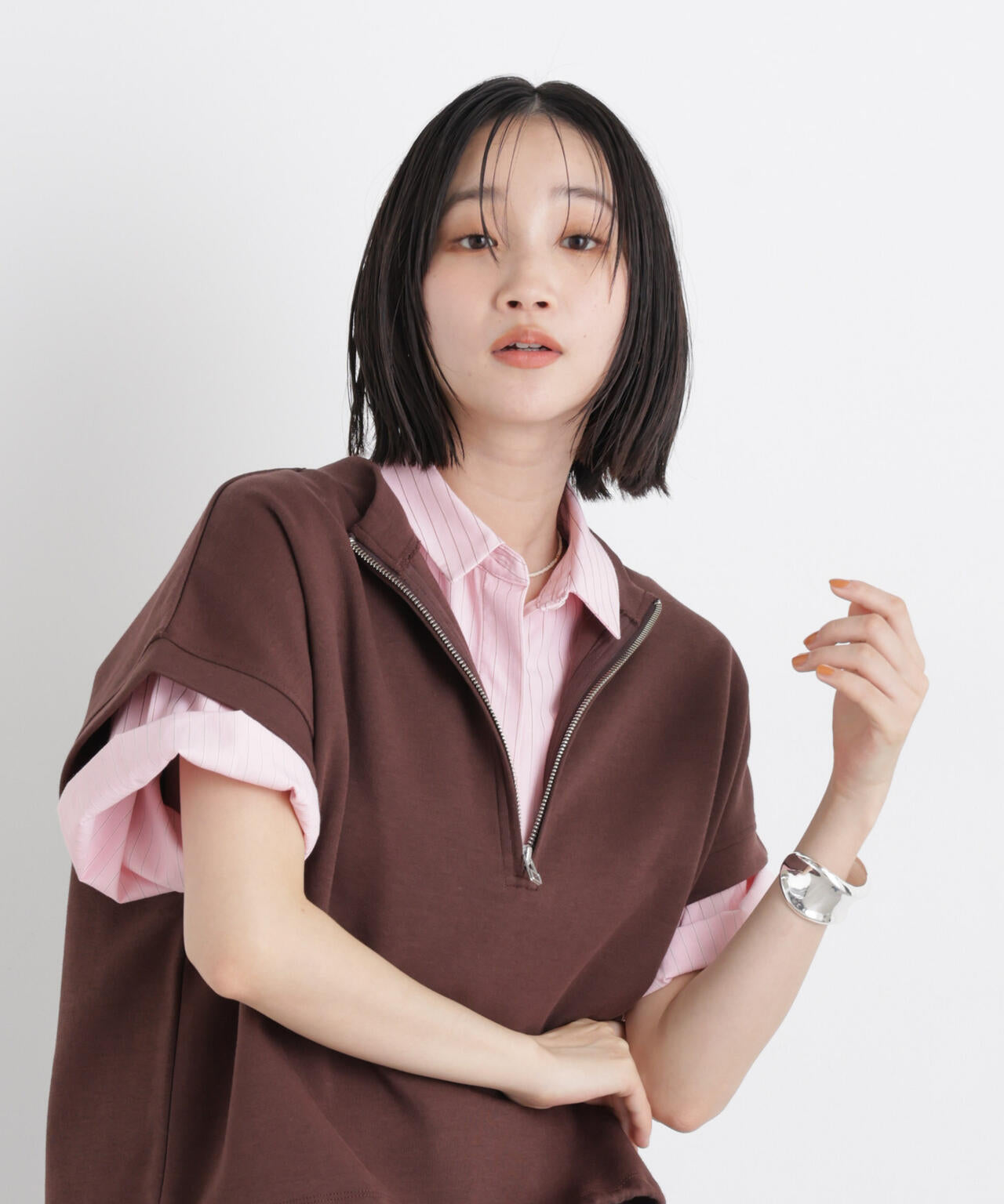 ドビーストライプクロップド半袖シャツ(セットアップ可) 6736121306