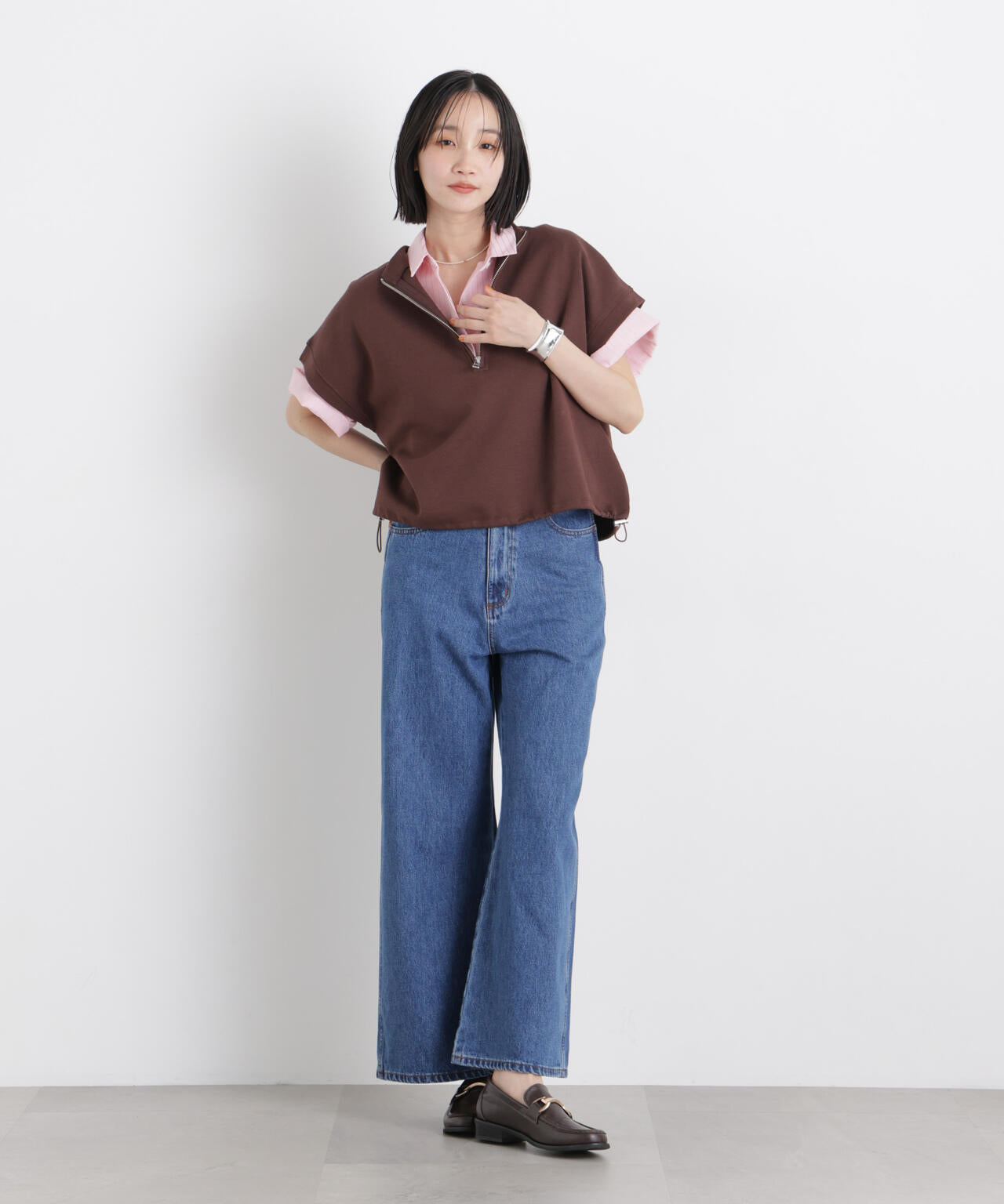 ドビーストライプクロップド半袖シャツ(セットアップ可) 6736121306