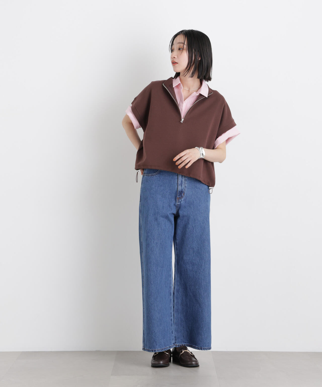 ドビーストライプクロップド半袖シャツ(セットアップ可) 6736121306