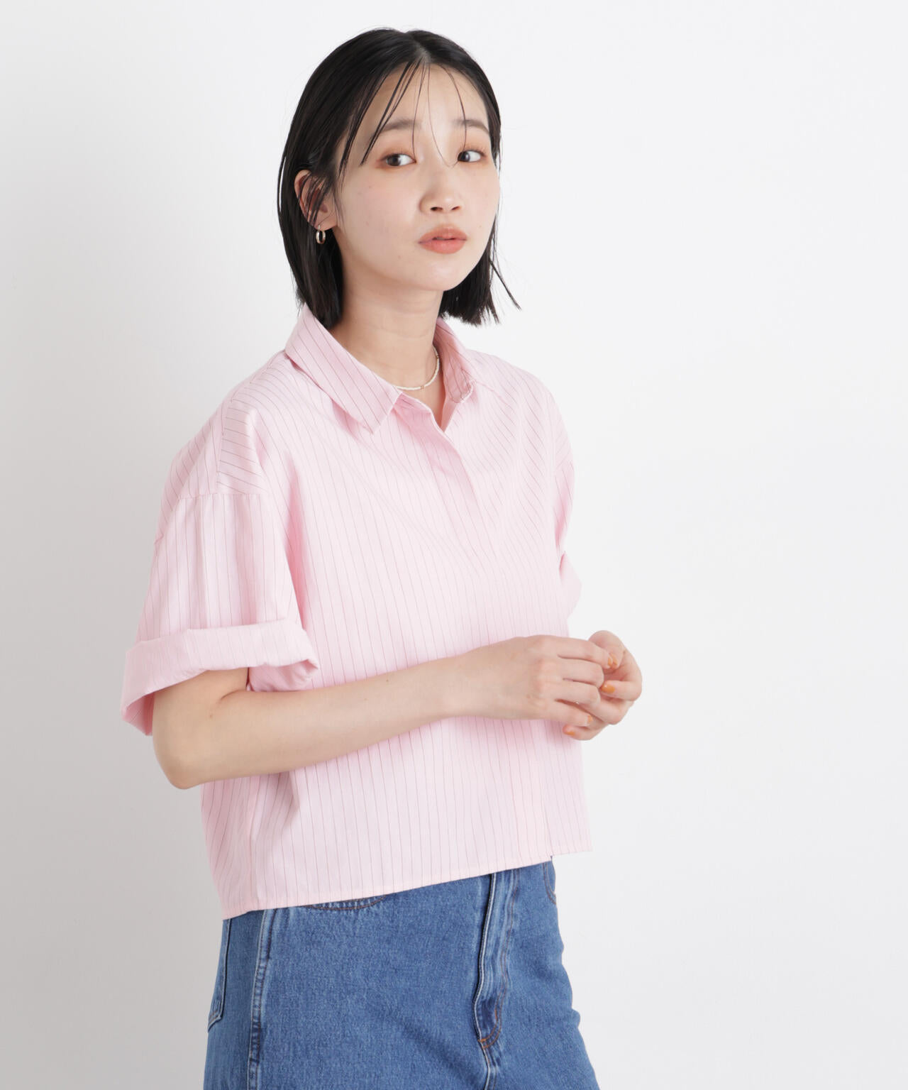 ドビーストライプクロップド半袖シャツ(セットアップ可) 6736121306