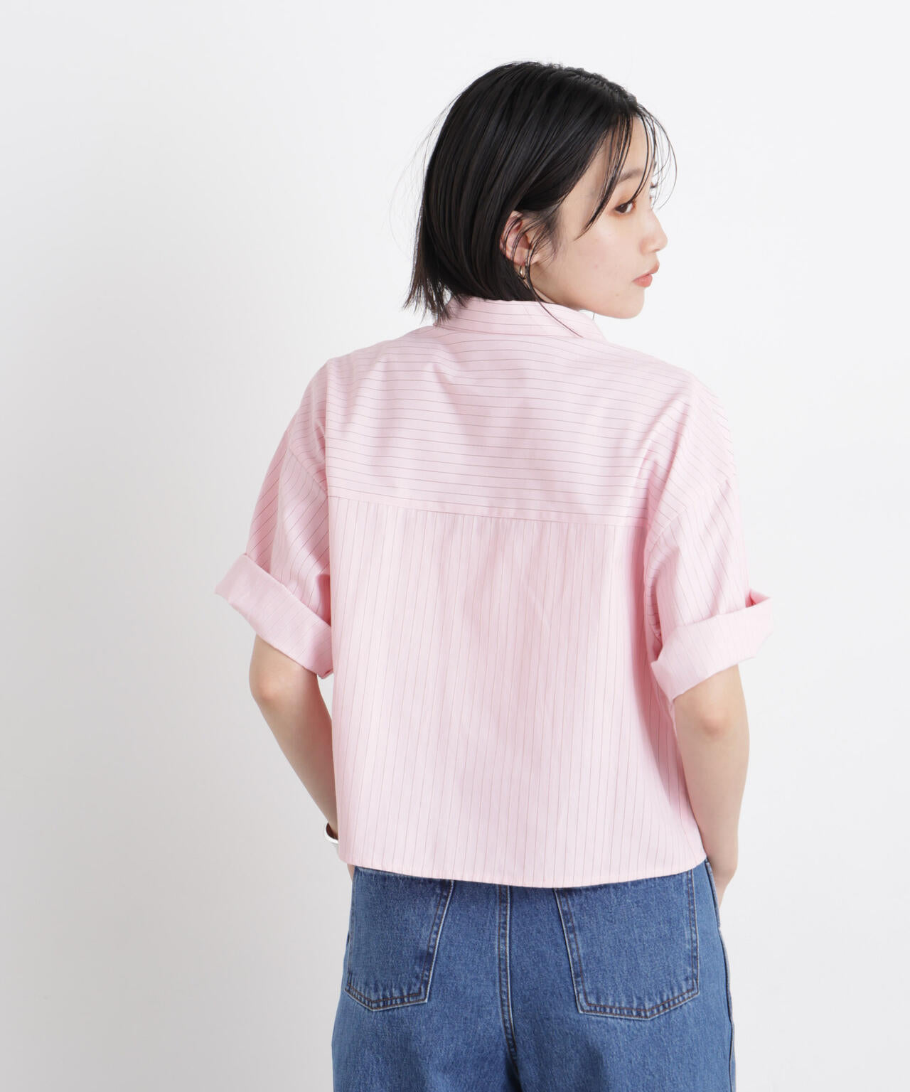 ドビーストライプクロップド半袖シャツ(セットアップ可) 6736121306