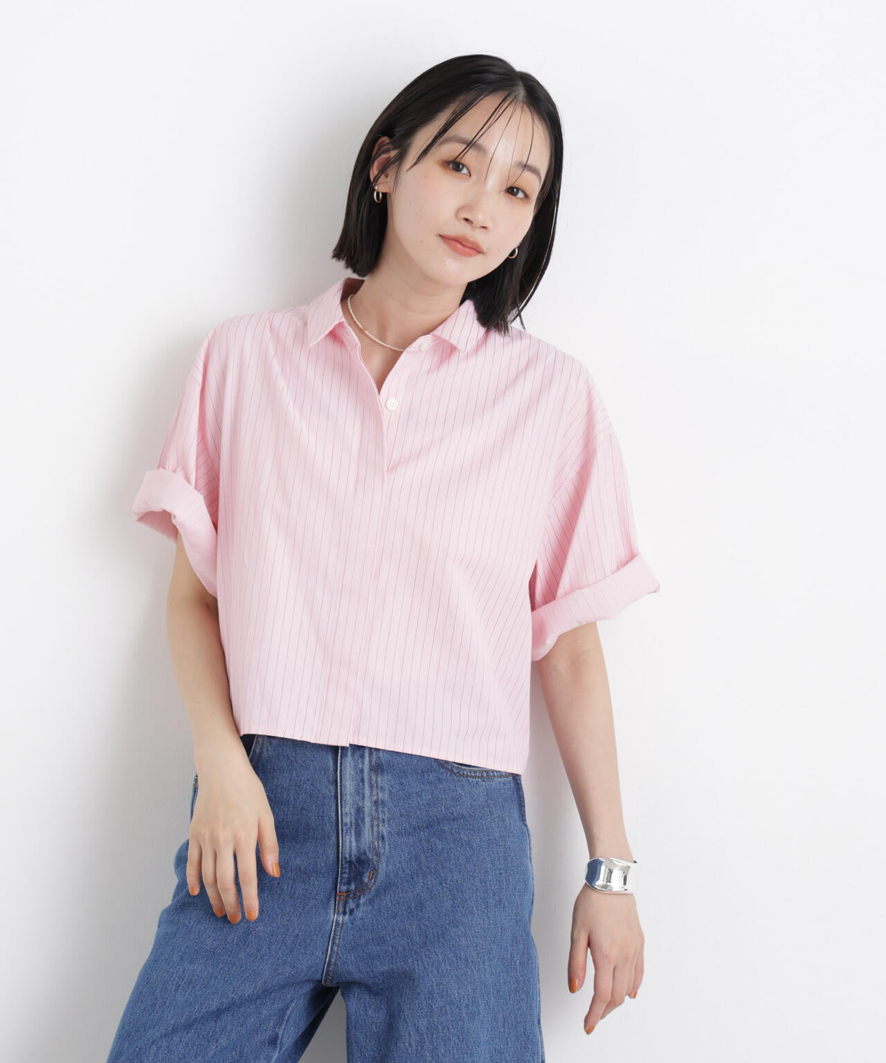 ドビーストライプクロップド半袖シャツ(セットアップ可) 6736121306