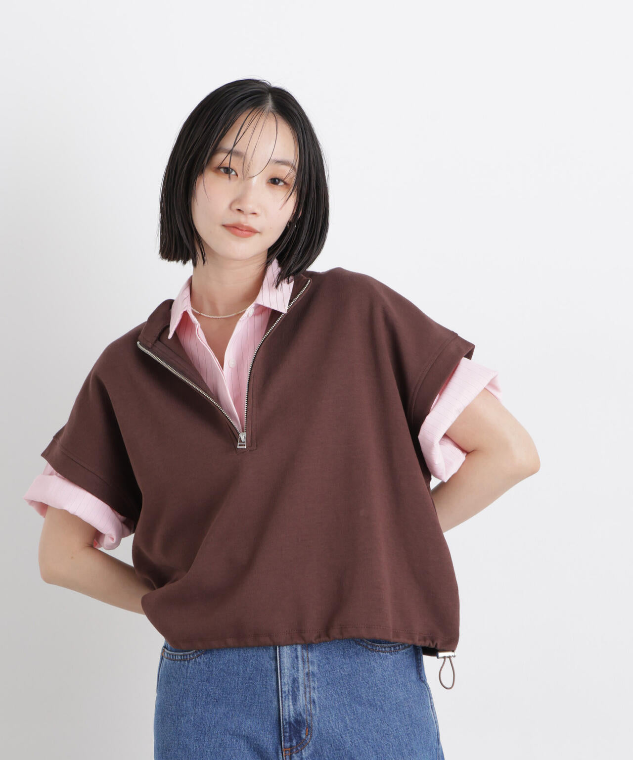 ドビーストライプクロップド半袖シャツ(セットアップ可) 6736121306