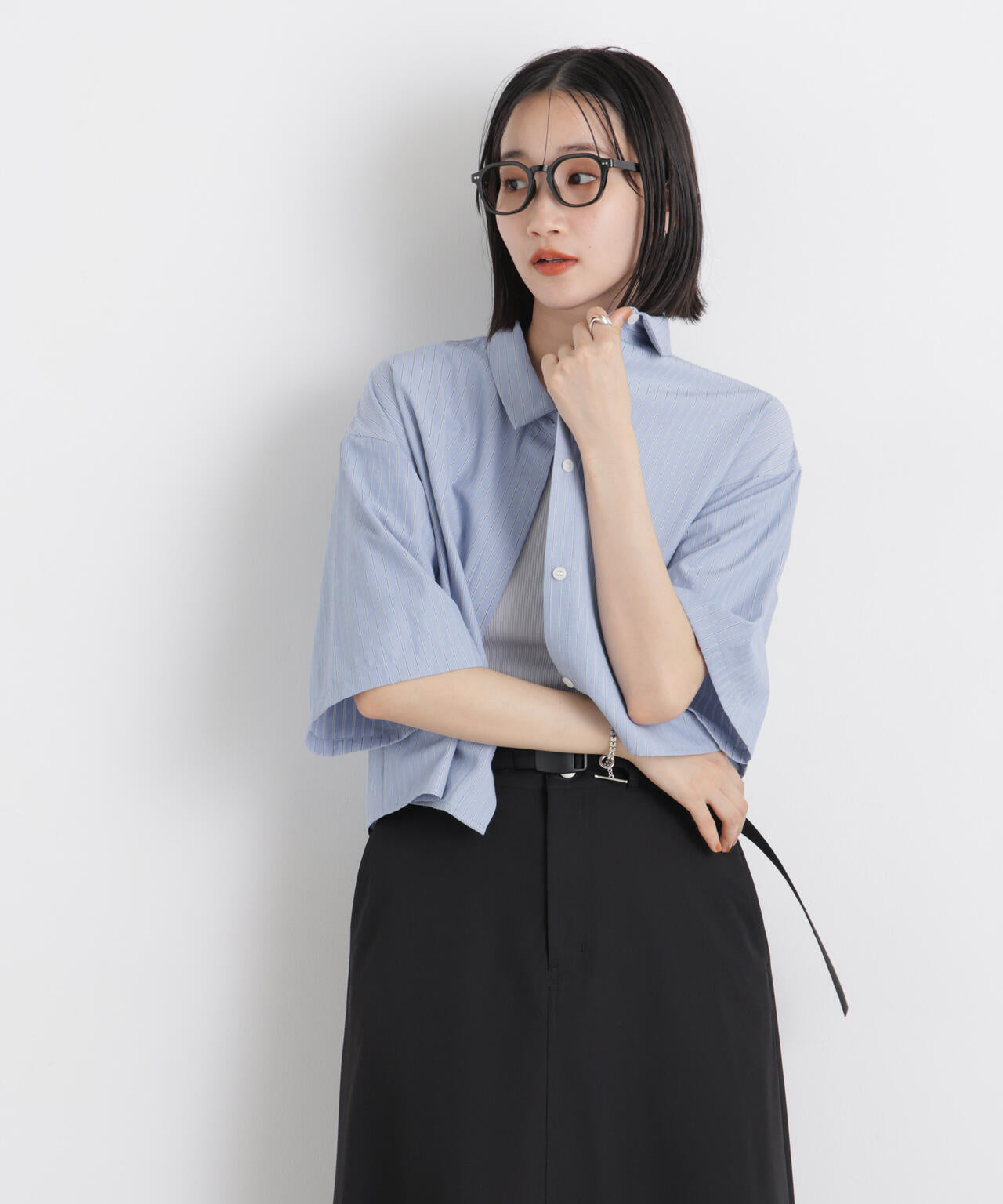 ドビーストライプクロップド半袖シャツ(セットアップ可) 6736121306