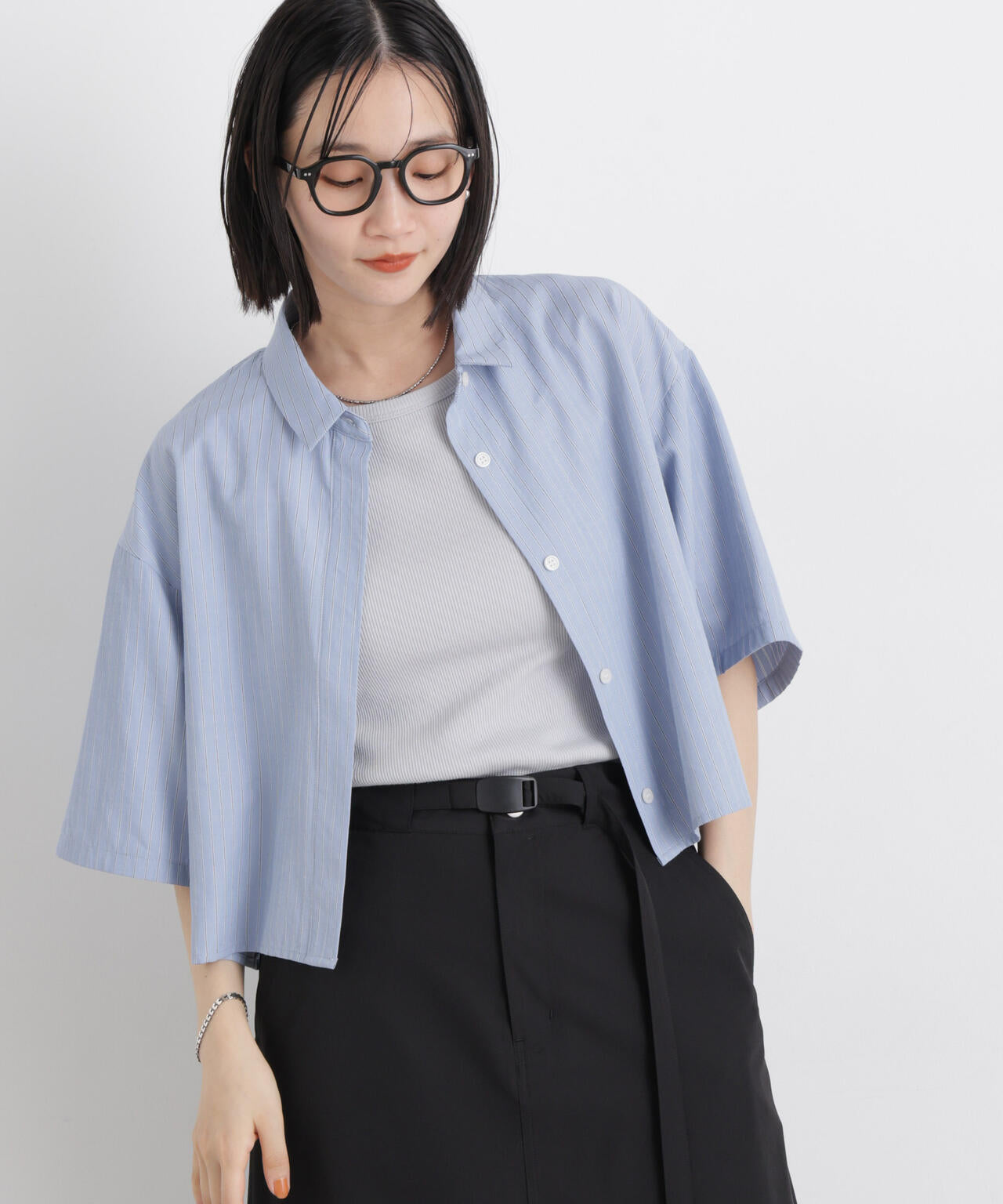 ドビーストライプクロップド半袖シャツ(セットアップ可) 6736121306