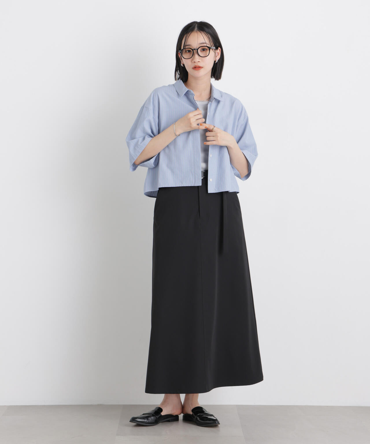 ドビーストライプクロップド半袖シャツ(セットアップ可) 6736121306