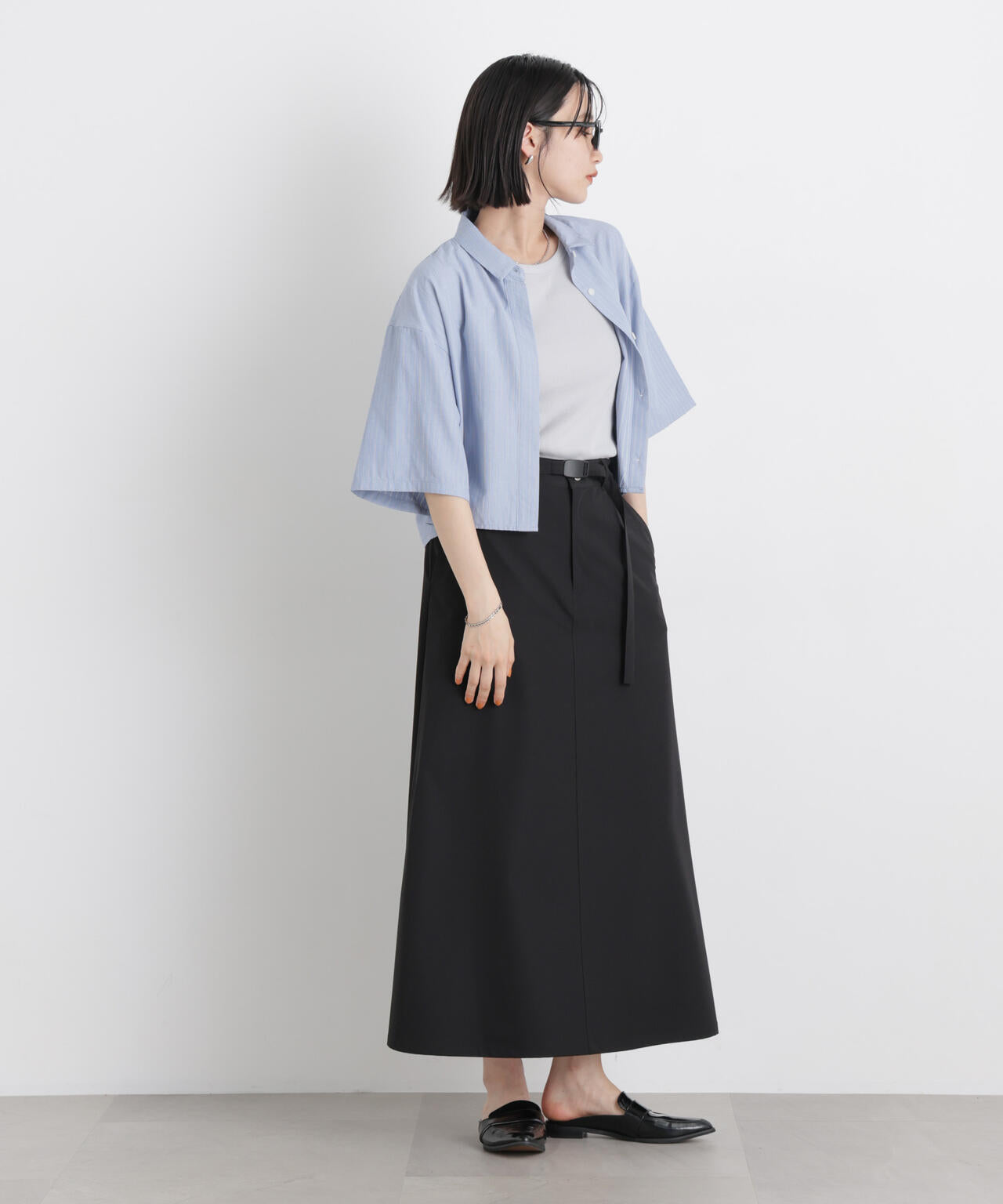 ドビーストライプクロップド半袖シャツ(セットアップ可) 6736121306