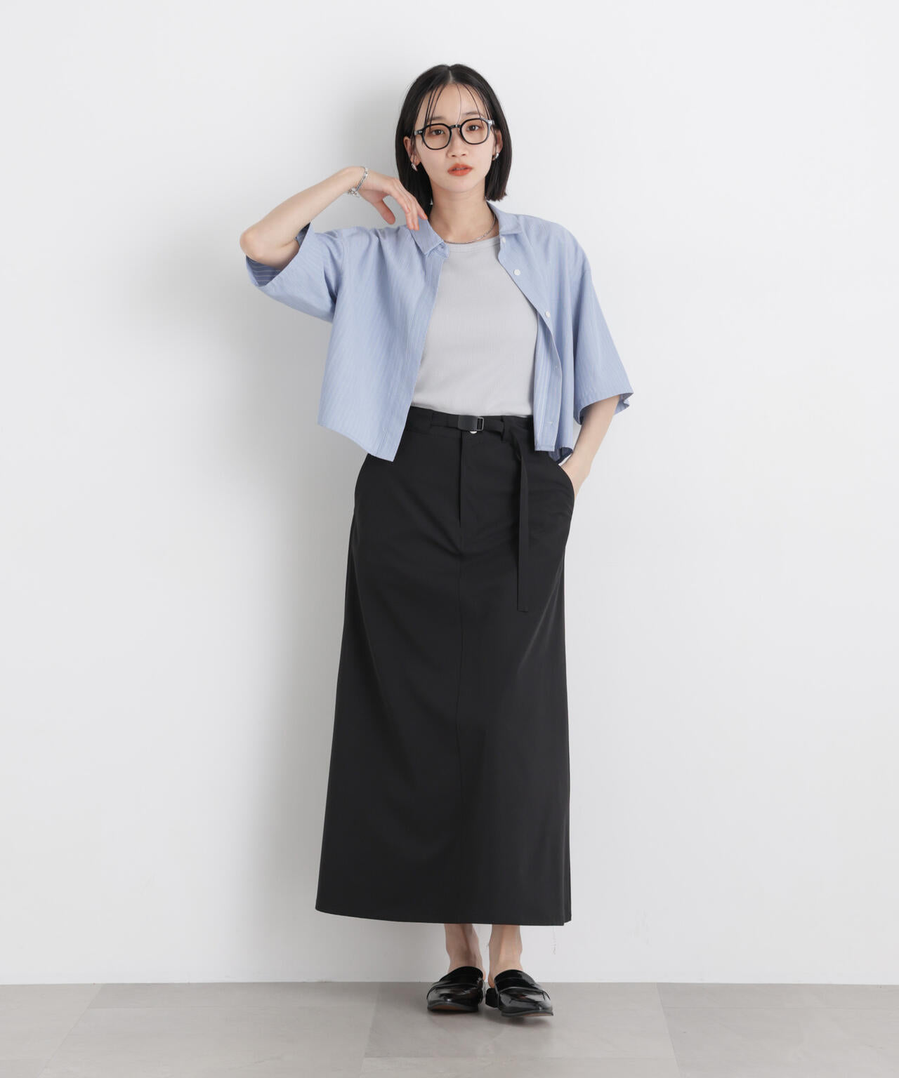 ドビーストライプクロップド半袖シャツ(セットアップ可) 6736121306