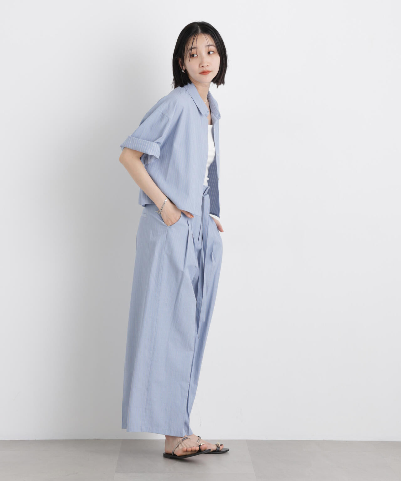 ドビーストライプクロップド半袖シャツ(セットアップ可) 6736121306