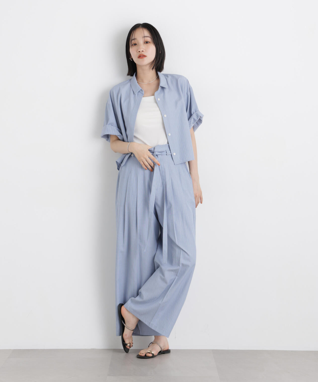 ドビーストライプクロップド半袖シャツ(セットアップ可) 6736121306