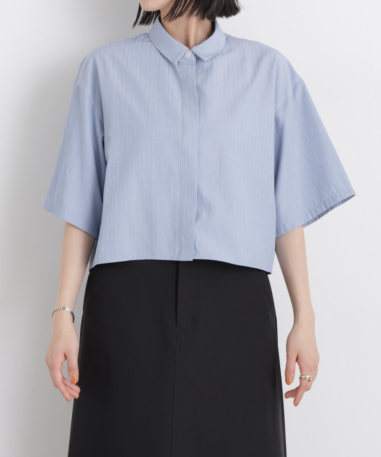 ドビーストライプクロップド半袖シャツ(セットアップ可) 6736121306
