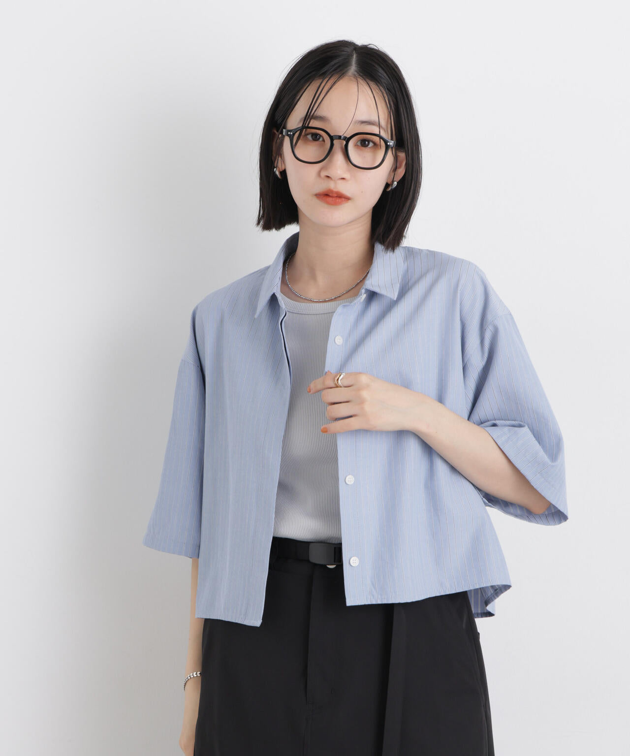 ドビーストライプクロップド半袖シャツ(セットアップ可) 6736121306