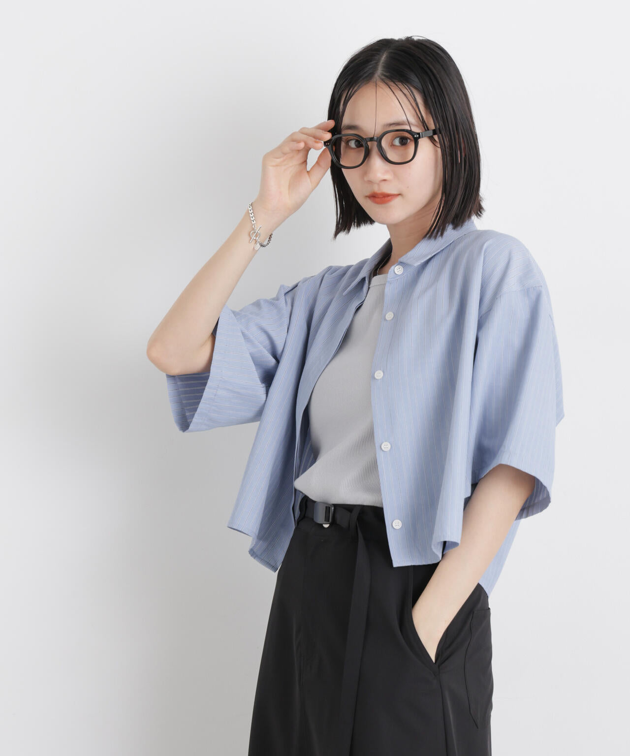 ドビーストライプクロップド半袖シャツ(セットアップ可) 6736121306