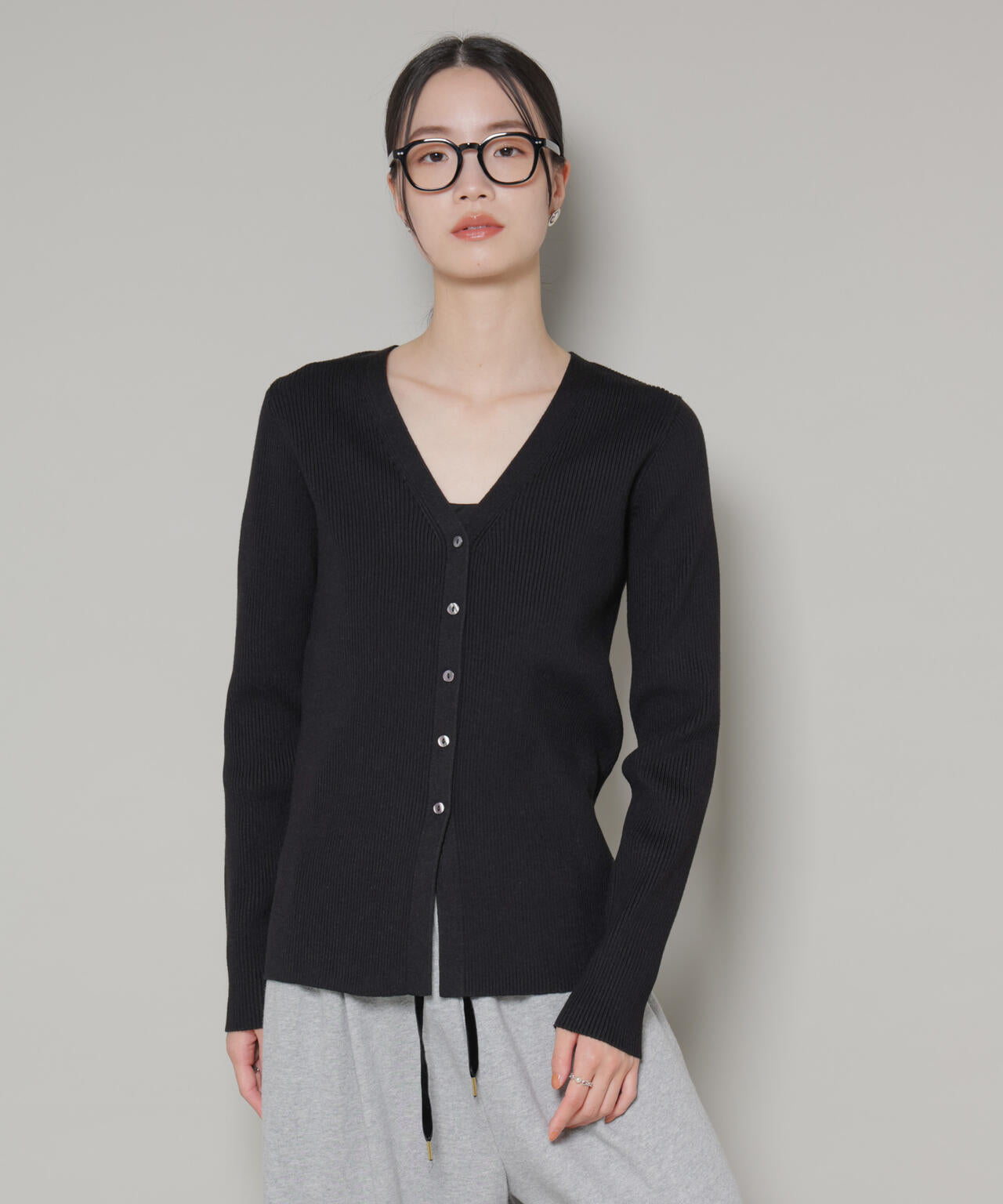 裾スリット Vネック リブ カーディガン