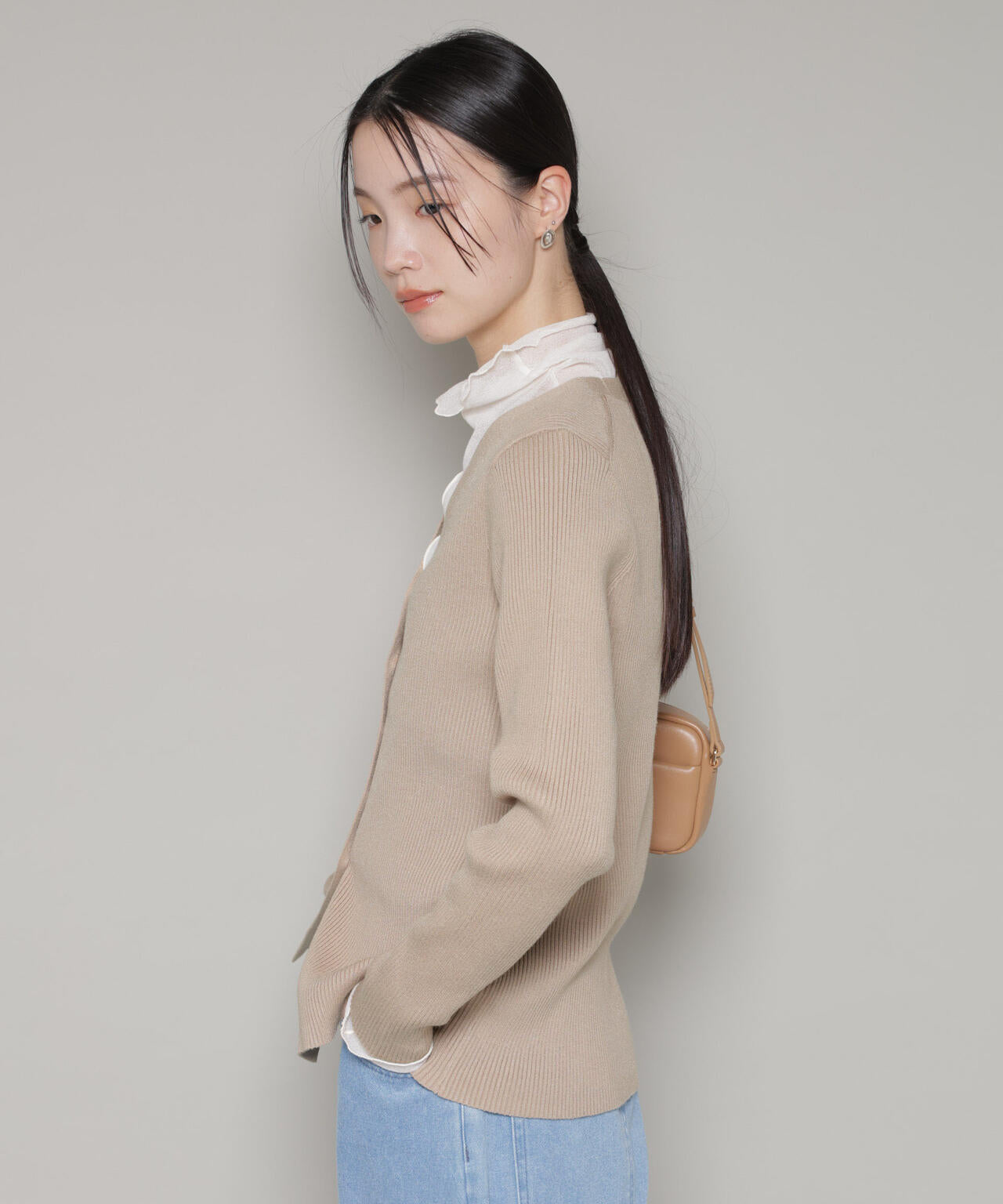 裾スリット Vネック リブ カーディガン