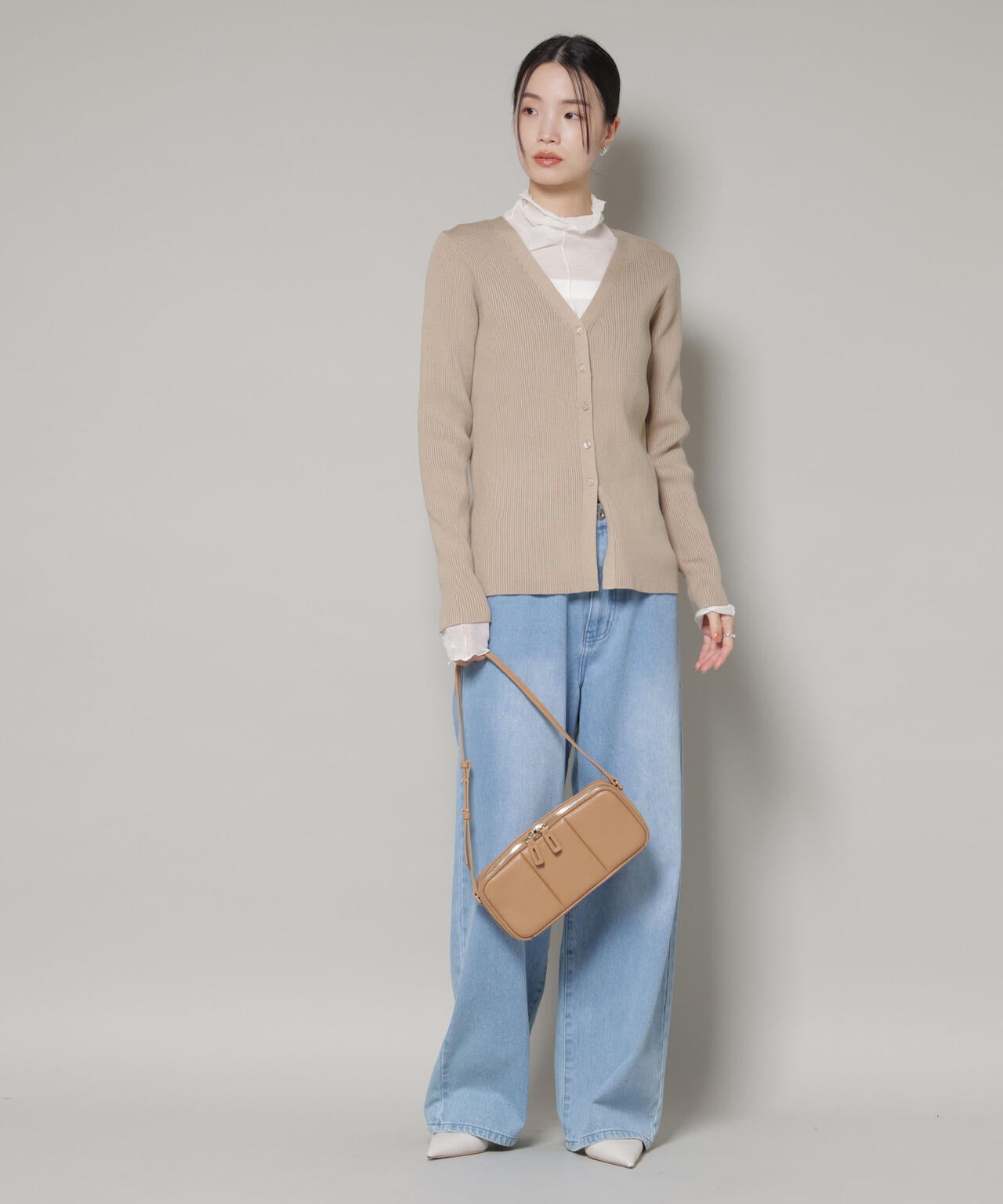 裾スリット Vネック リブ カーディガン