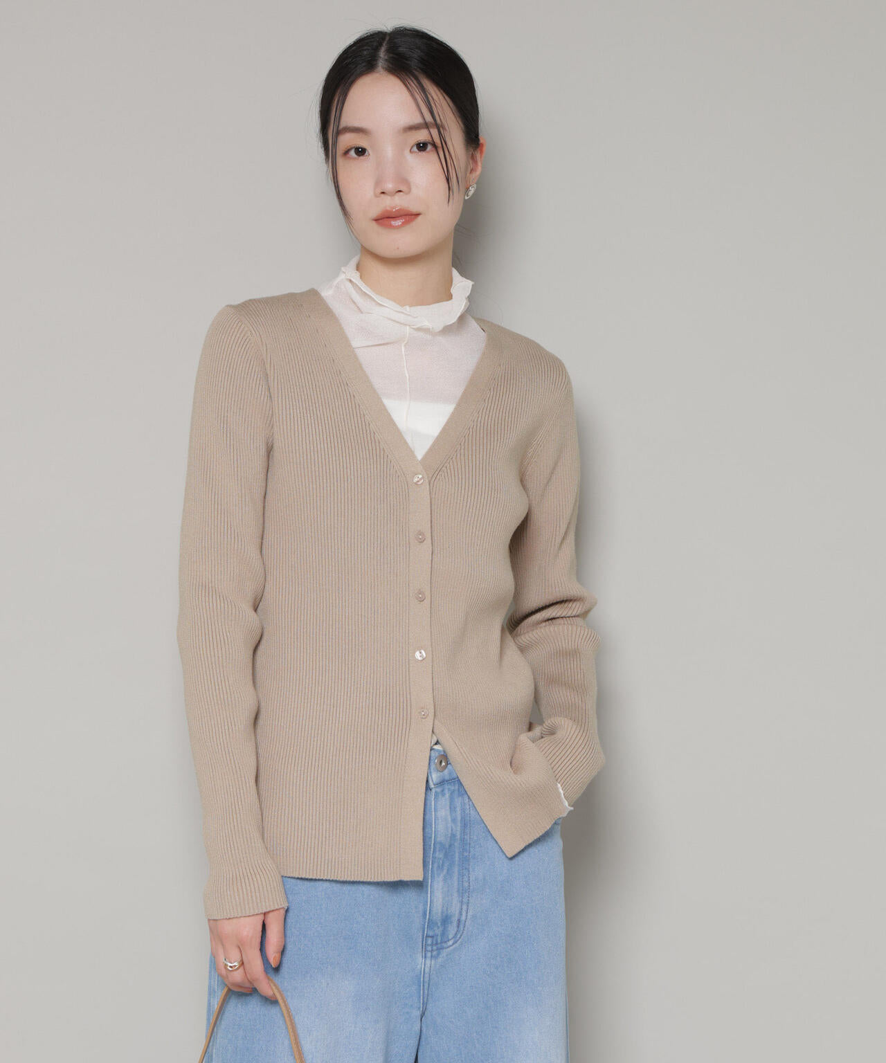 裾スリット Vネック リブ カーディガン