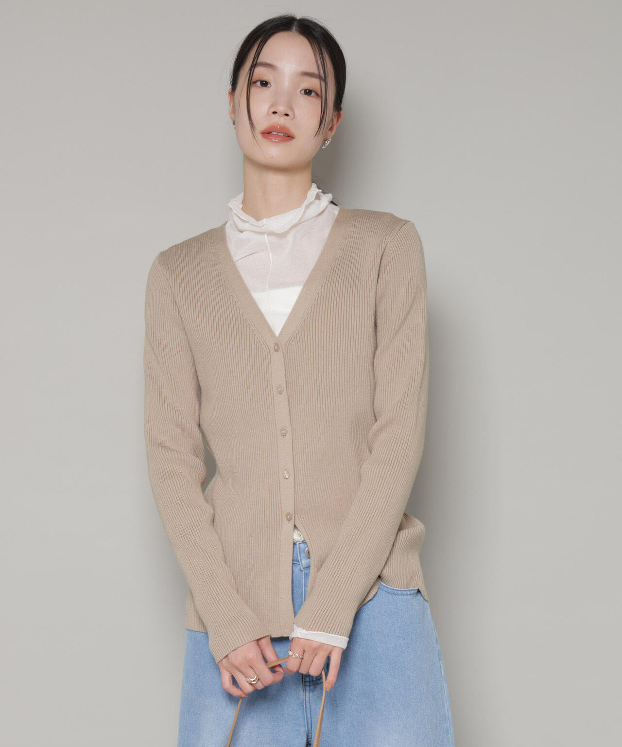 裾スリットVネックリブカーディガン