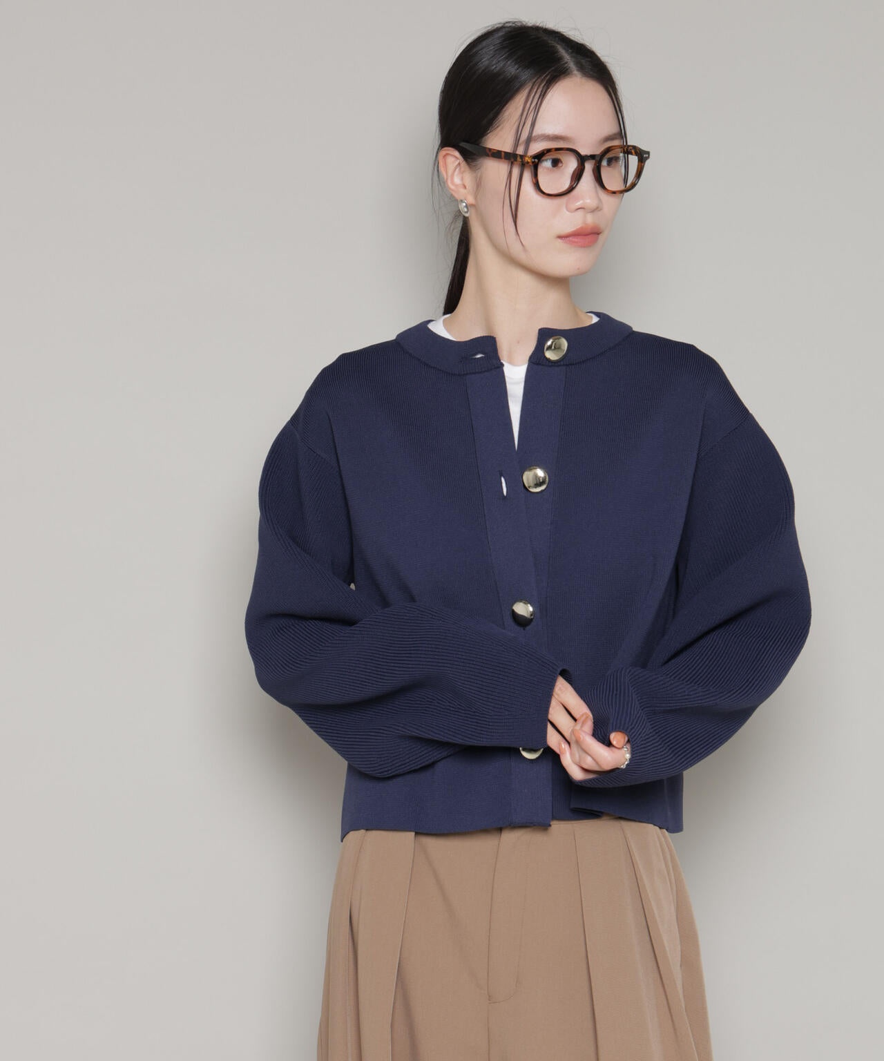 ビッグボタン クルーネック ニット カーディガン