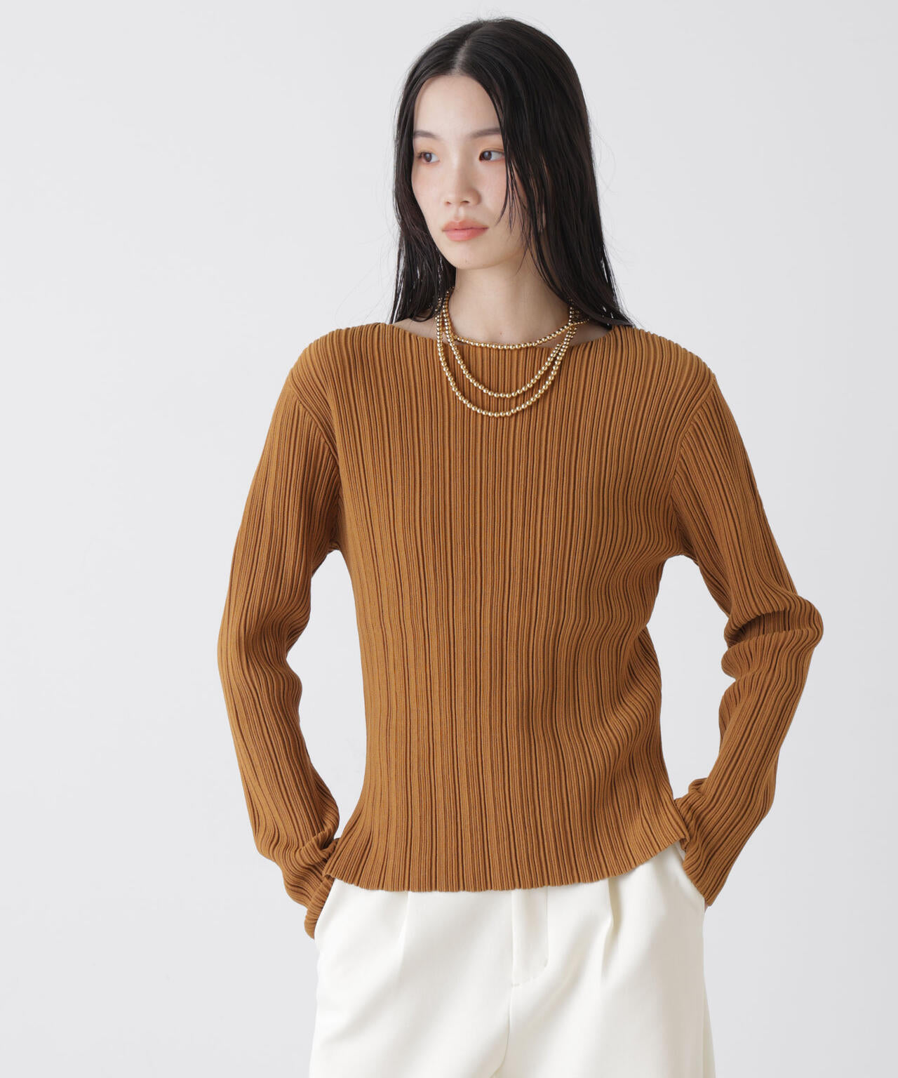 プリーツニットボートネックトップス(セットアップ可) 6736122303