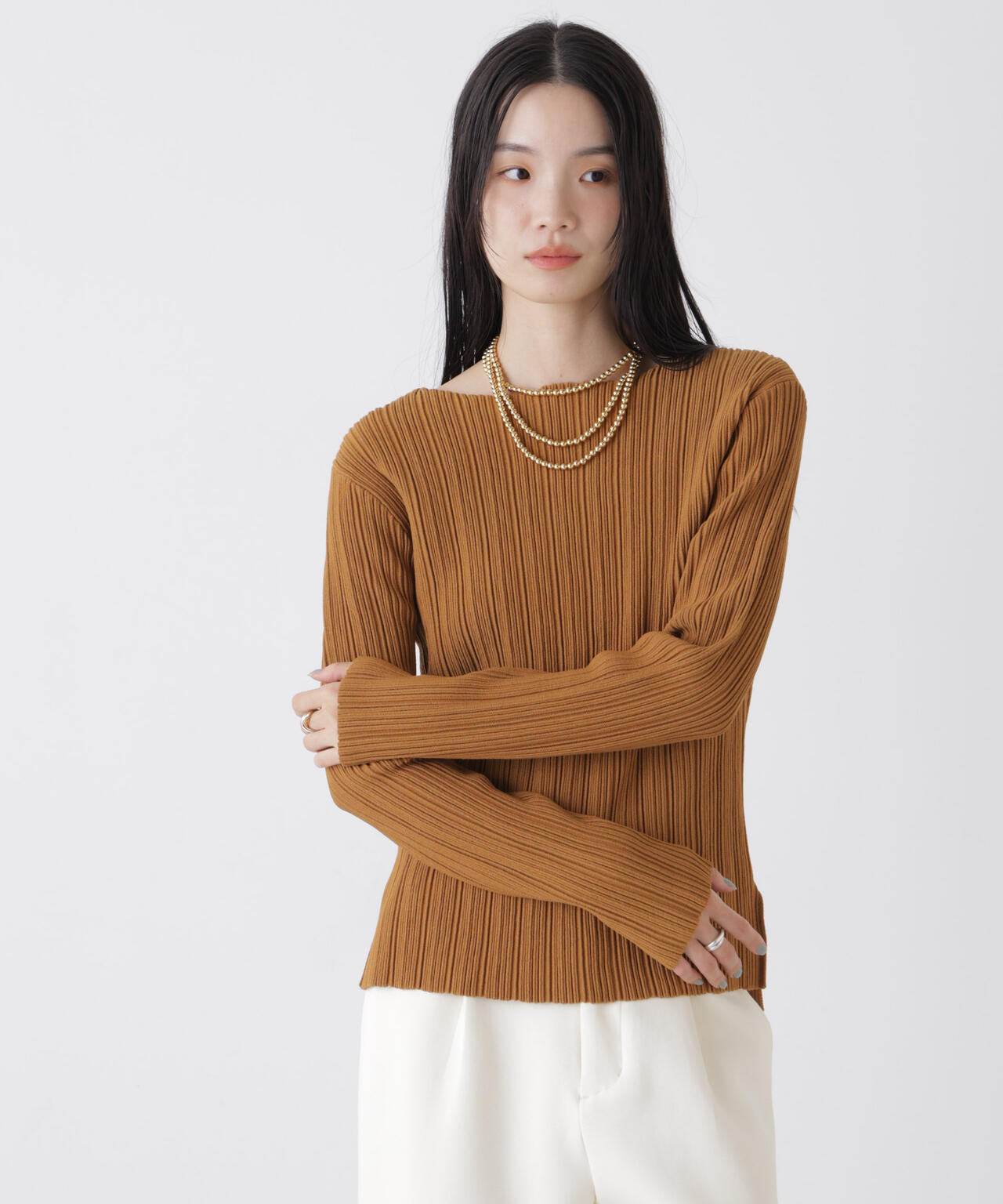 プリーツニット ボートネック トップス ( セットアップ 可)