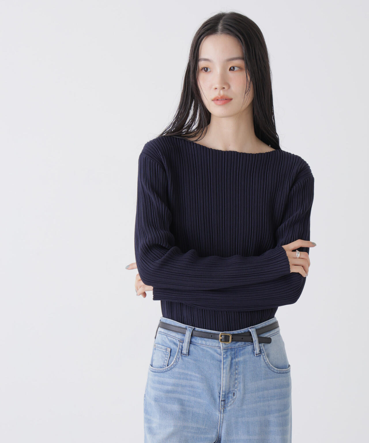 プリーツニット ボートネック トップス ( セットアップ 可)