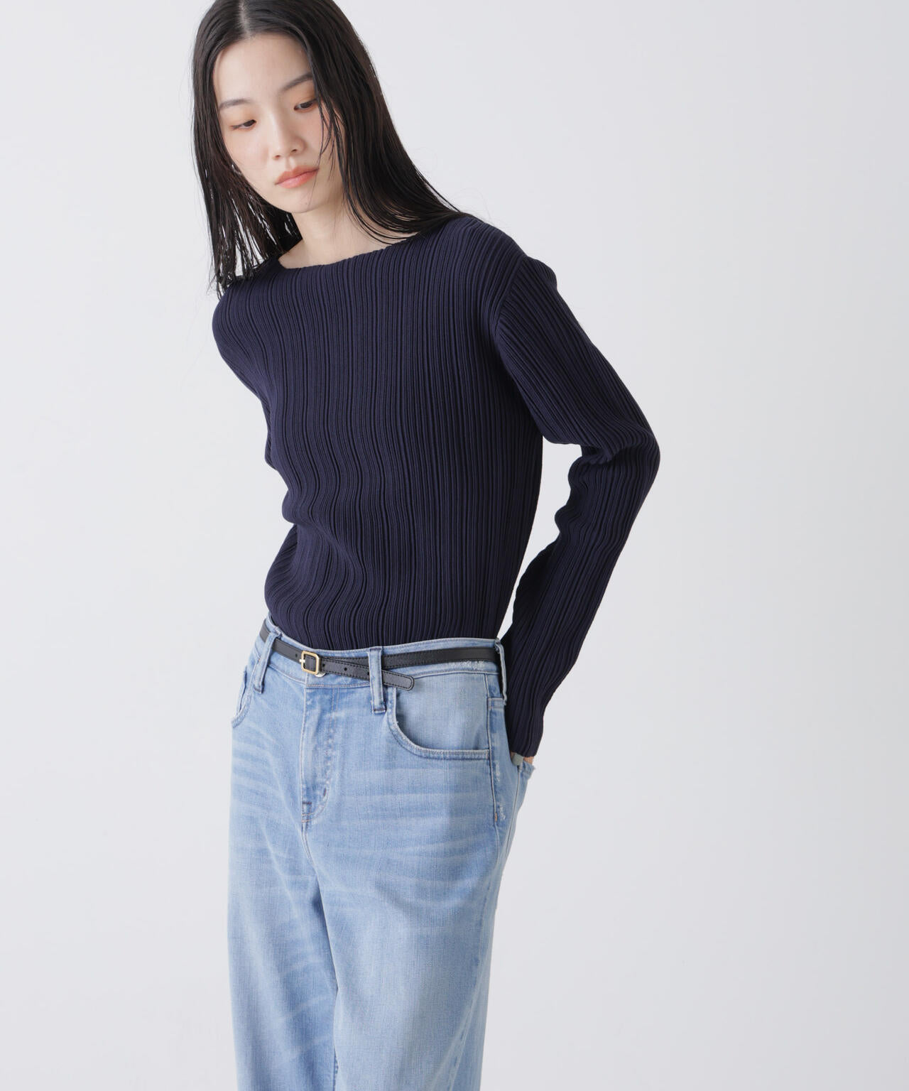 プリーツニットボートネックトップス(セットアップ可) 6736122303