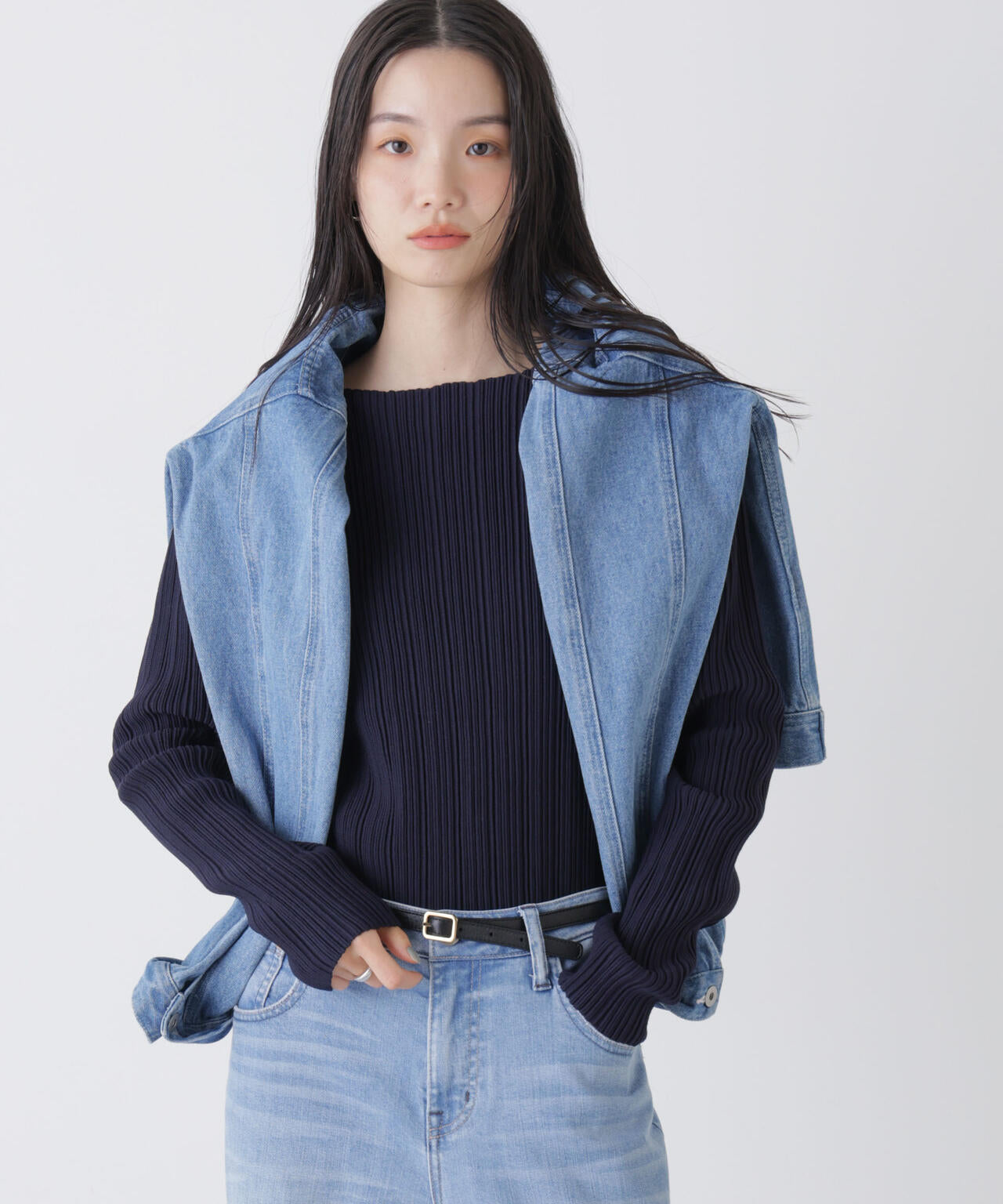 プリーツニットボートネックトップス(セットアップ可)