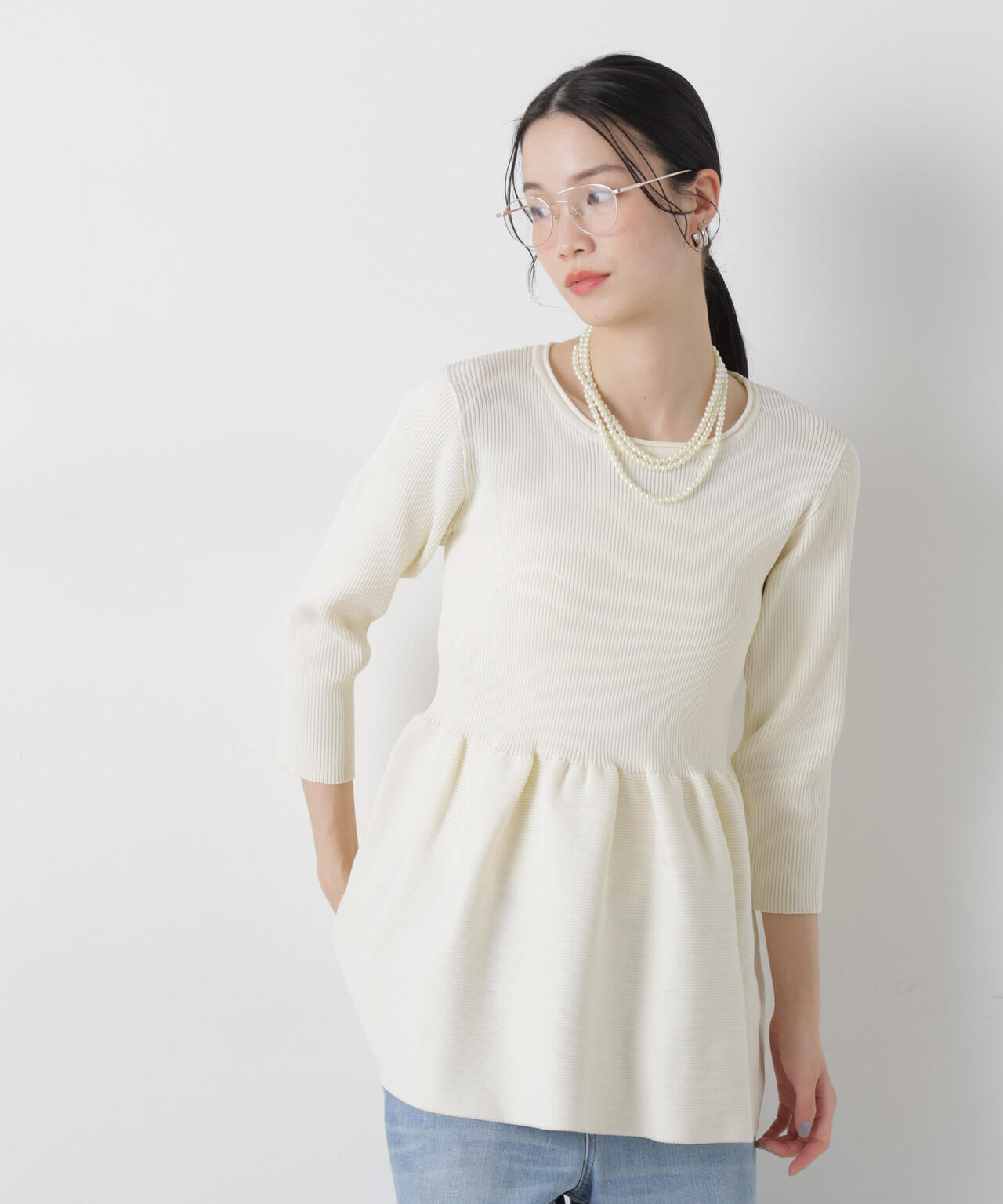 洗濯機洗い可スポンディッシュニットペプラムシルエットトップス