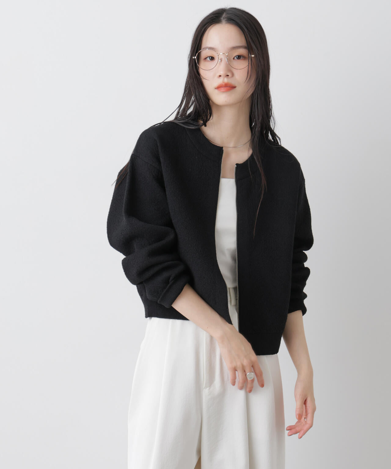 梨地ダブルフェイスジップアップニット 6736122306