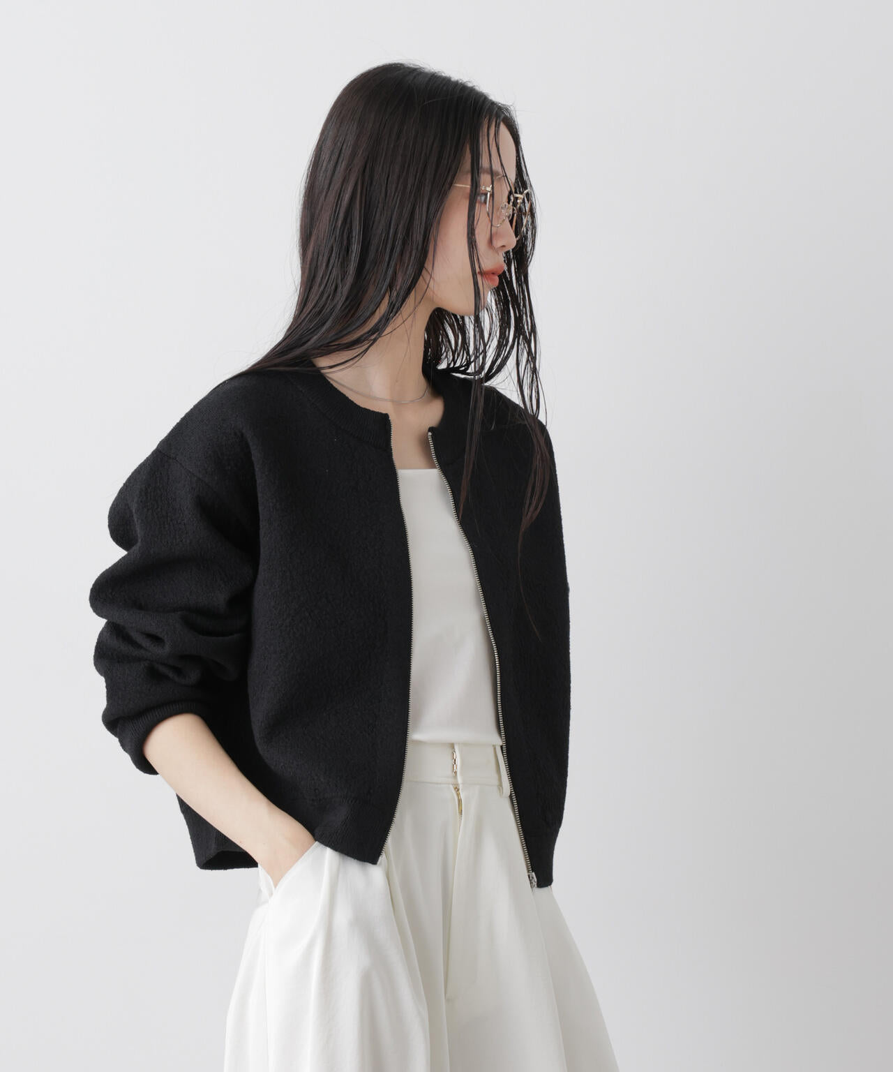 梨地 ダブルフェイス ジップアップ ニット